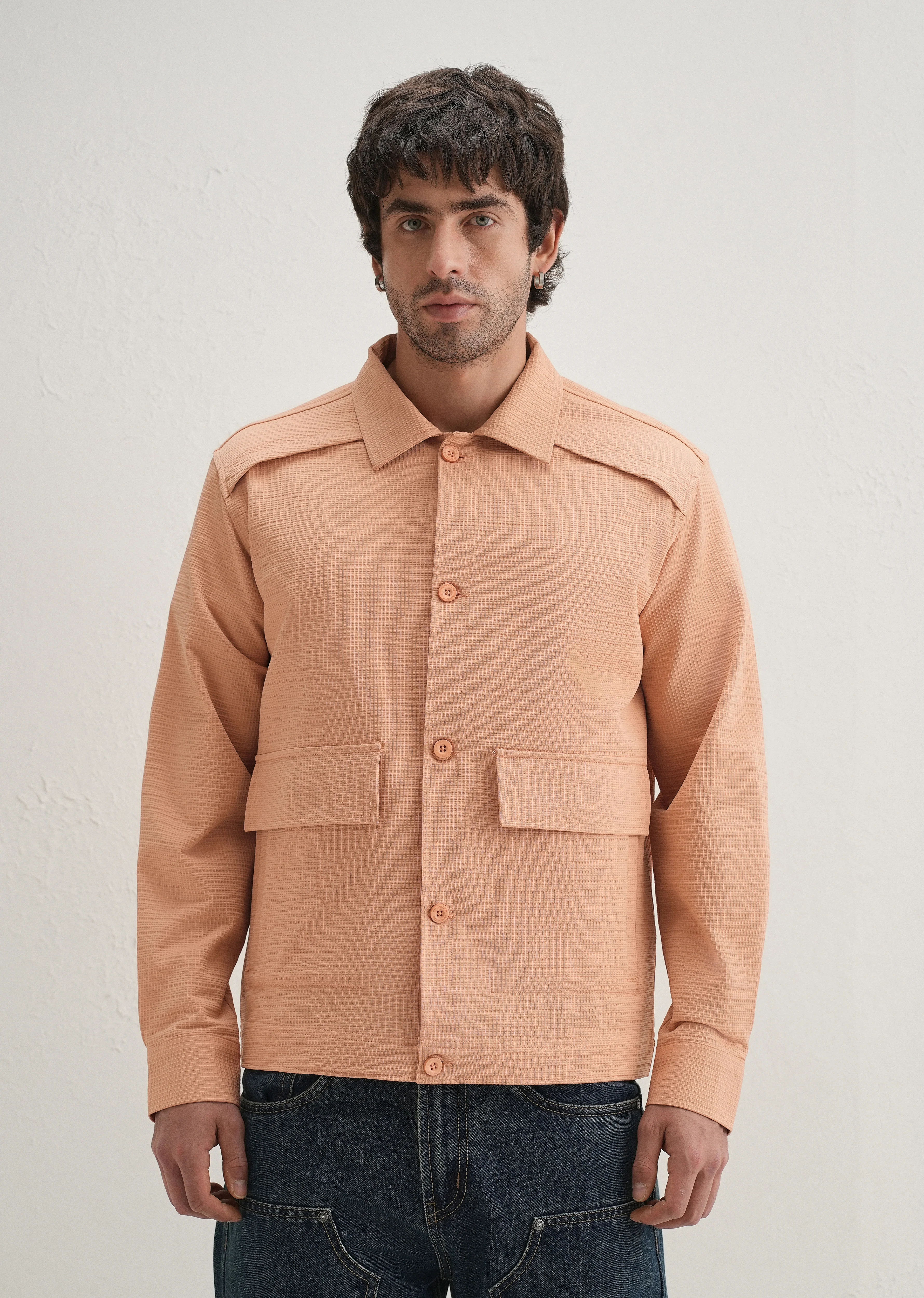 Tan Peach Waffle Textured Shacket - Image 3