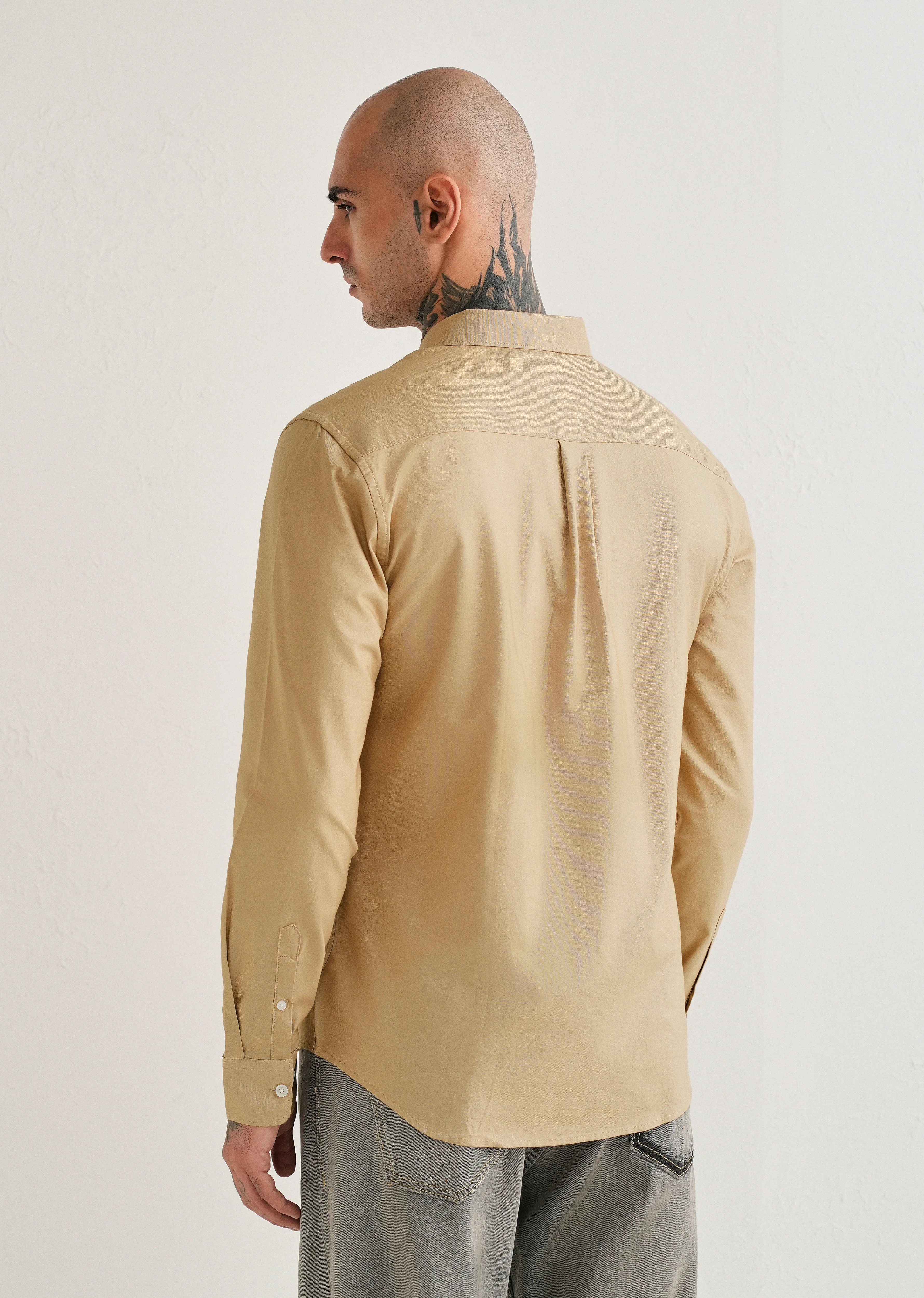 Tan Plain Cotton Oxford Shirt - Image 2
