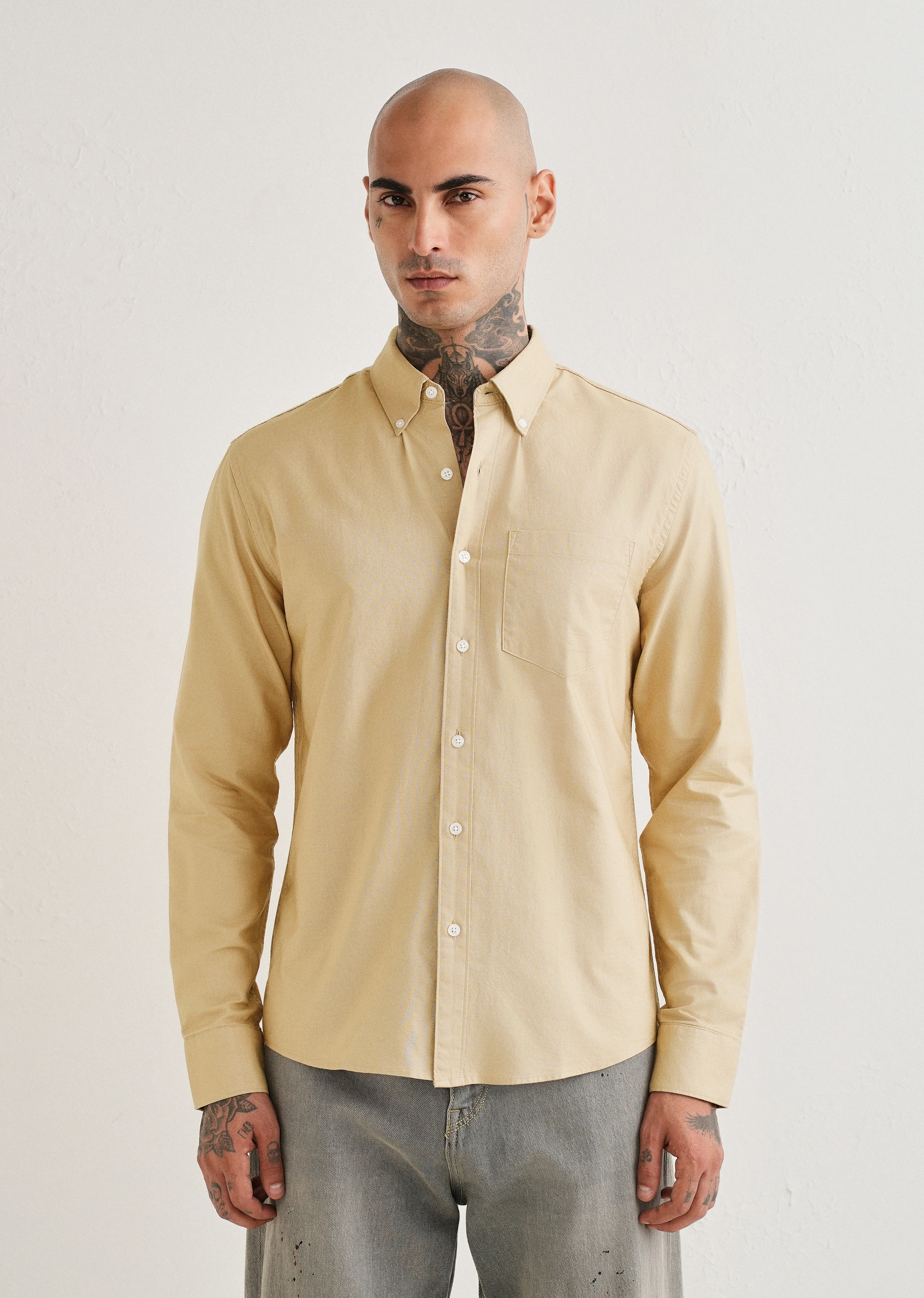Tan Plain Cotton Oxford Shirt - Image 3