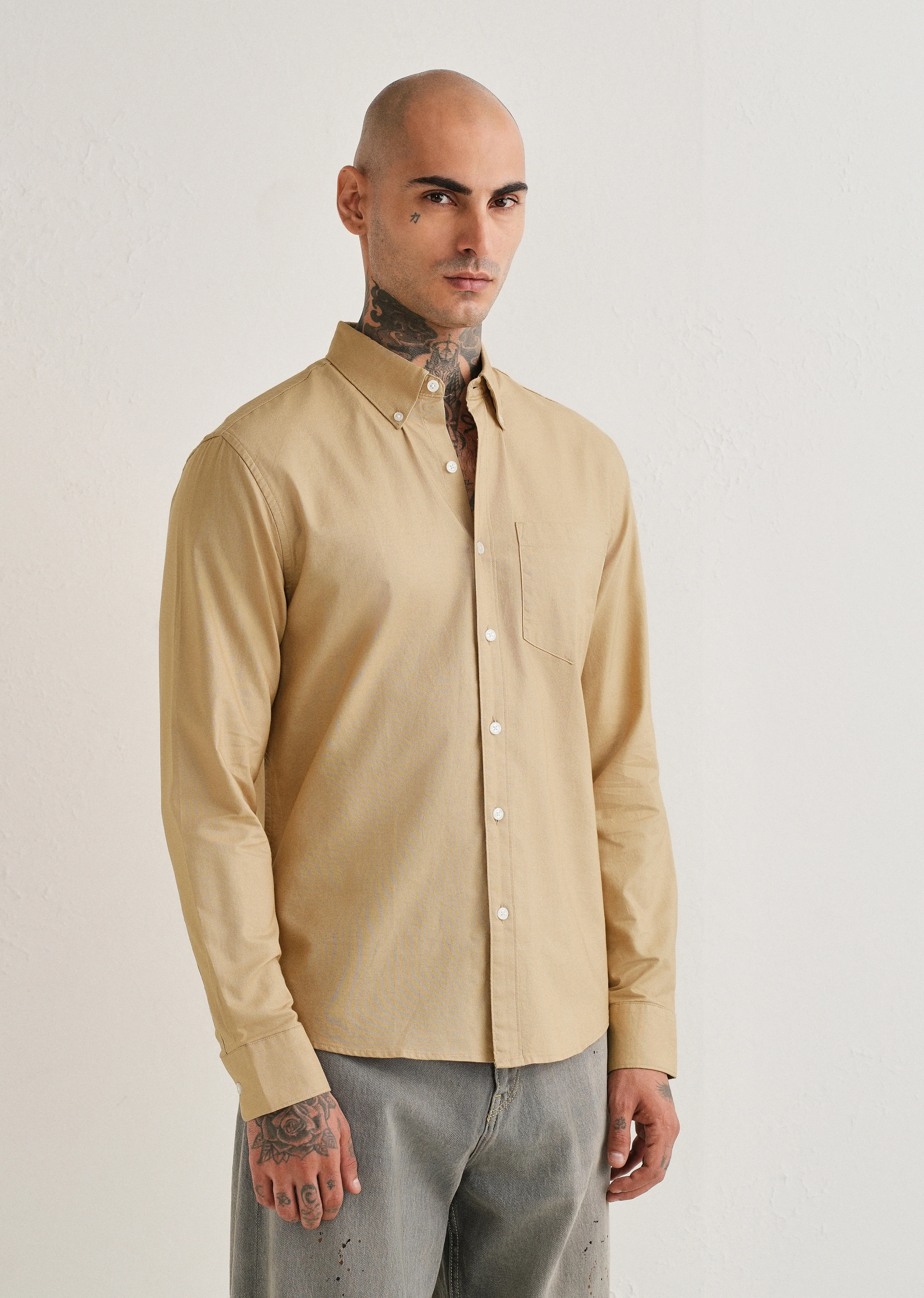 Tan Plain Cotton Oxford Shirt - Image 4