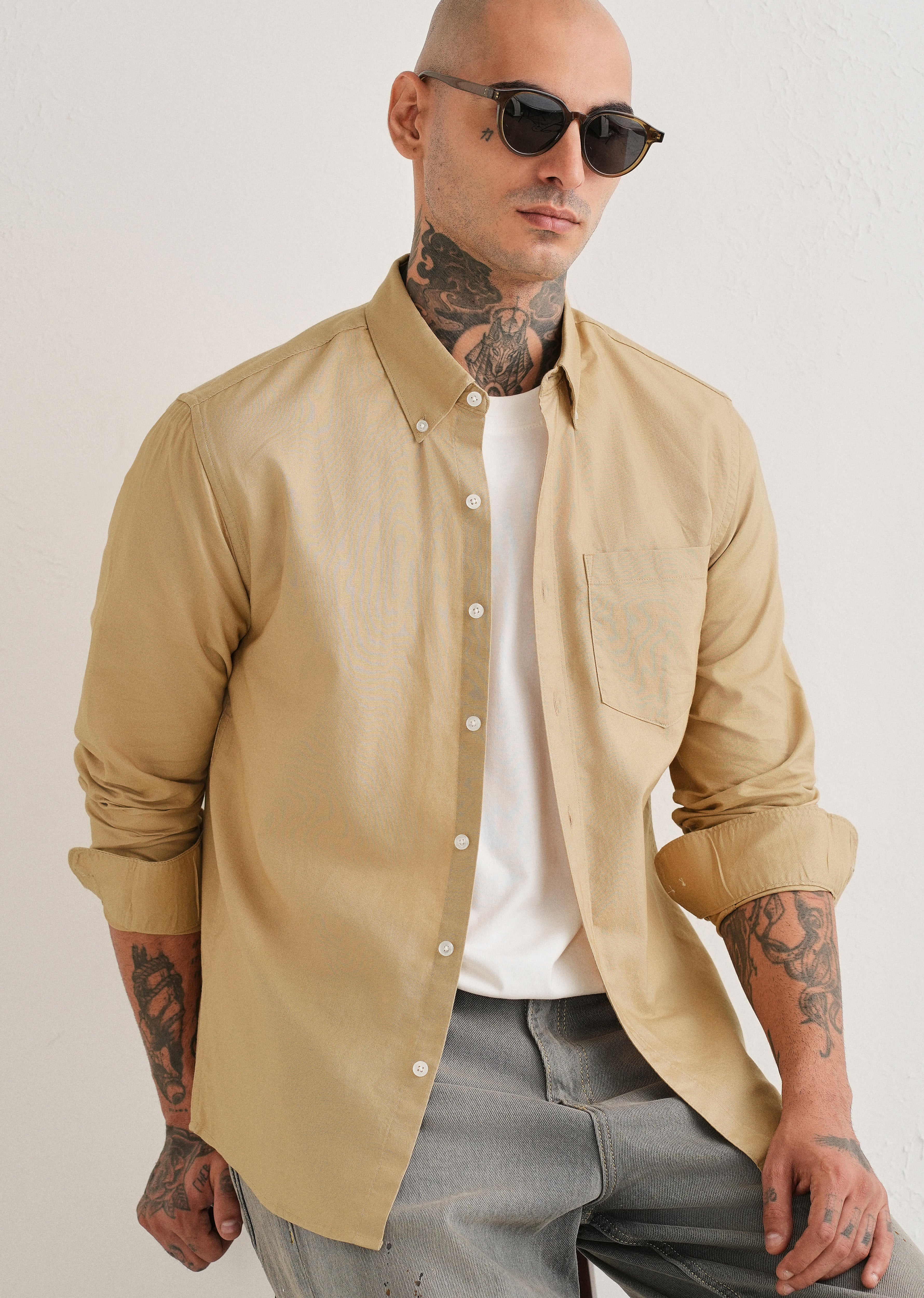 Tan Plain Cotton Oxford Shirt - Image 7