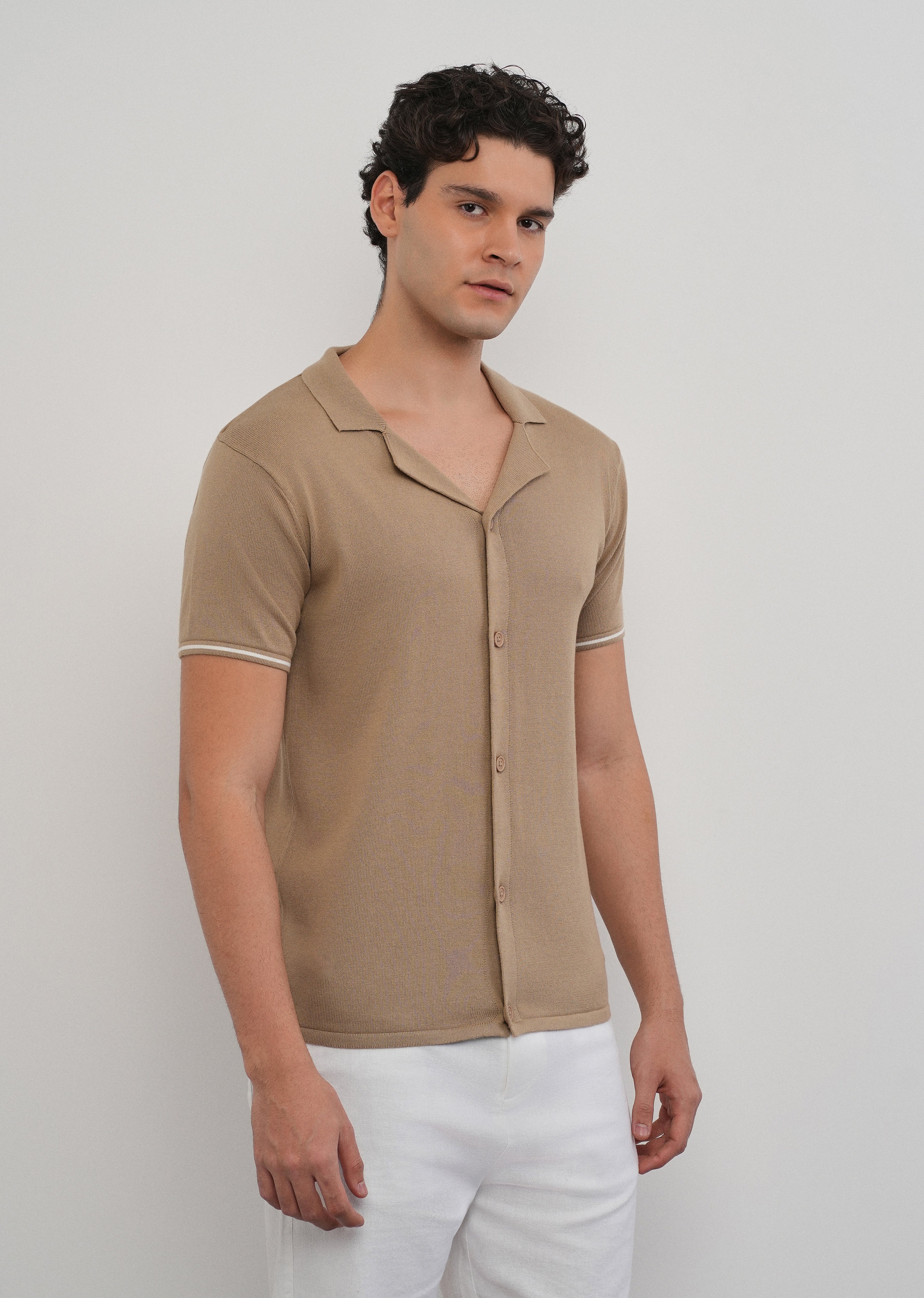 Tan Plain Knit Cuban Collar Shirt - Image 4