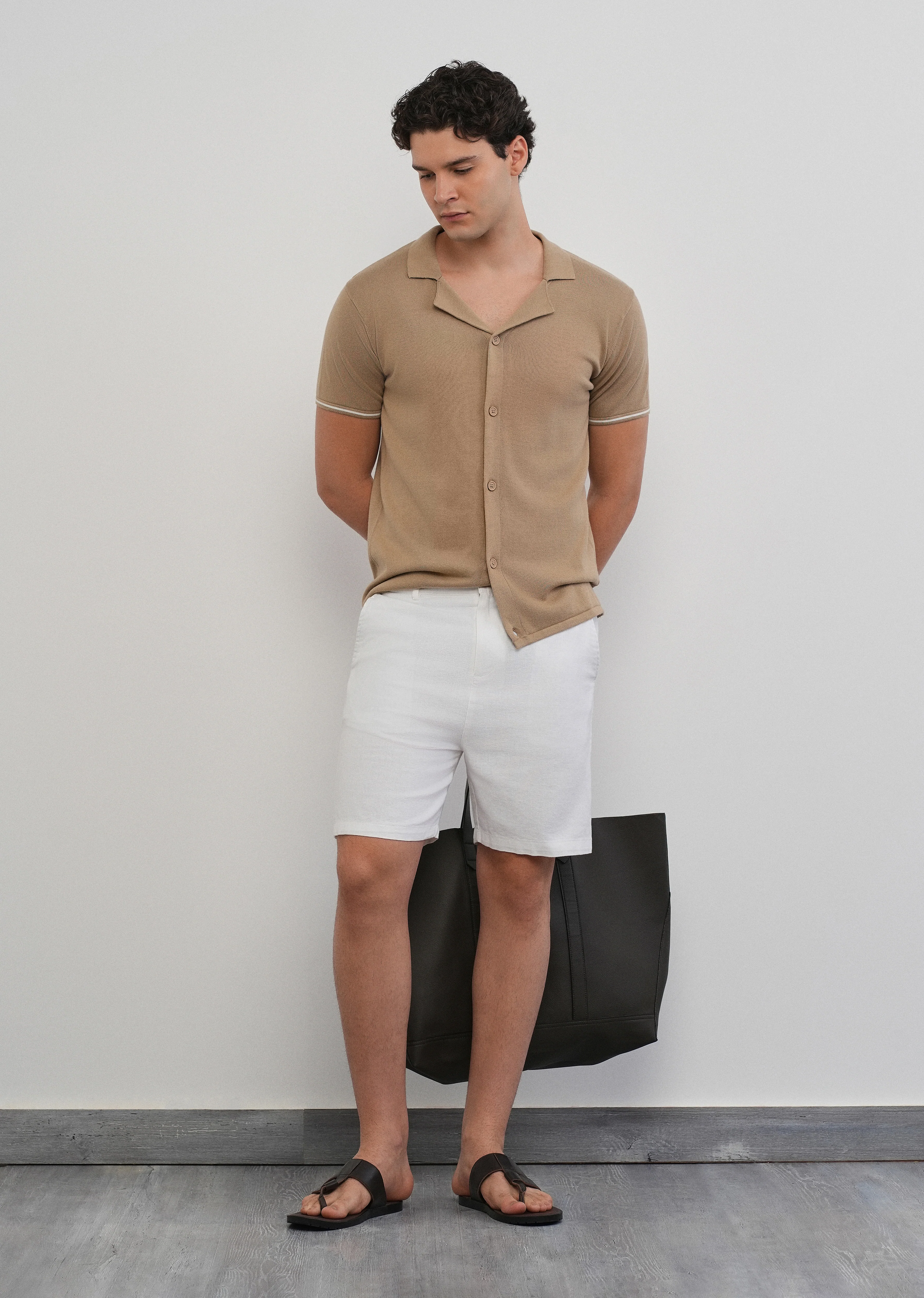 Tan Plain Knit Cuban Collar Shirt - Image 6