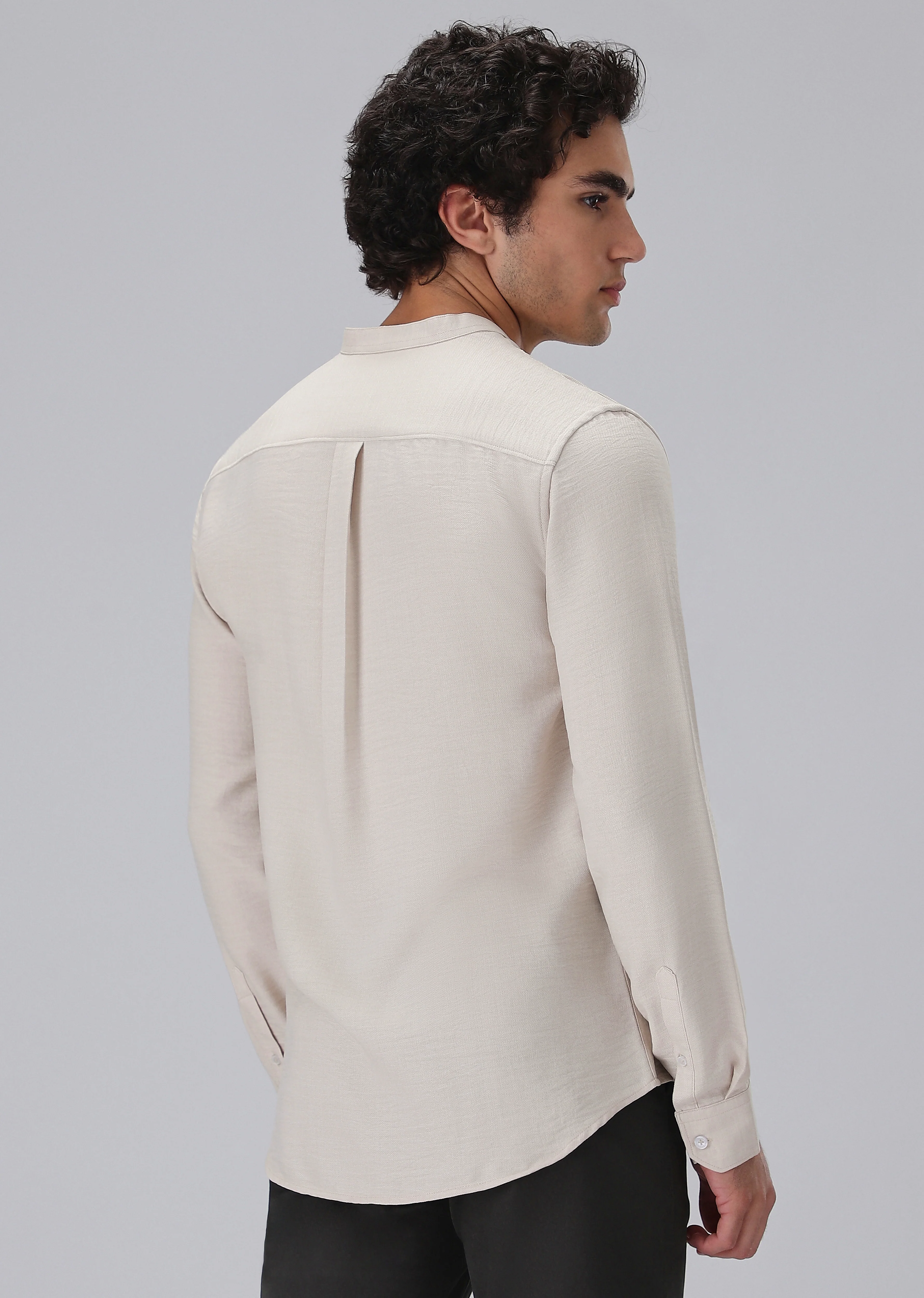 Tan Plain Mandarin Collar Shirt - Image 3