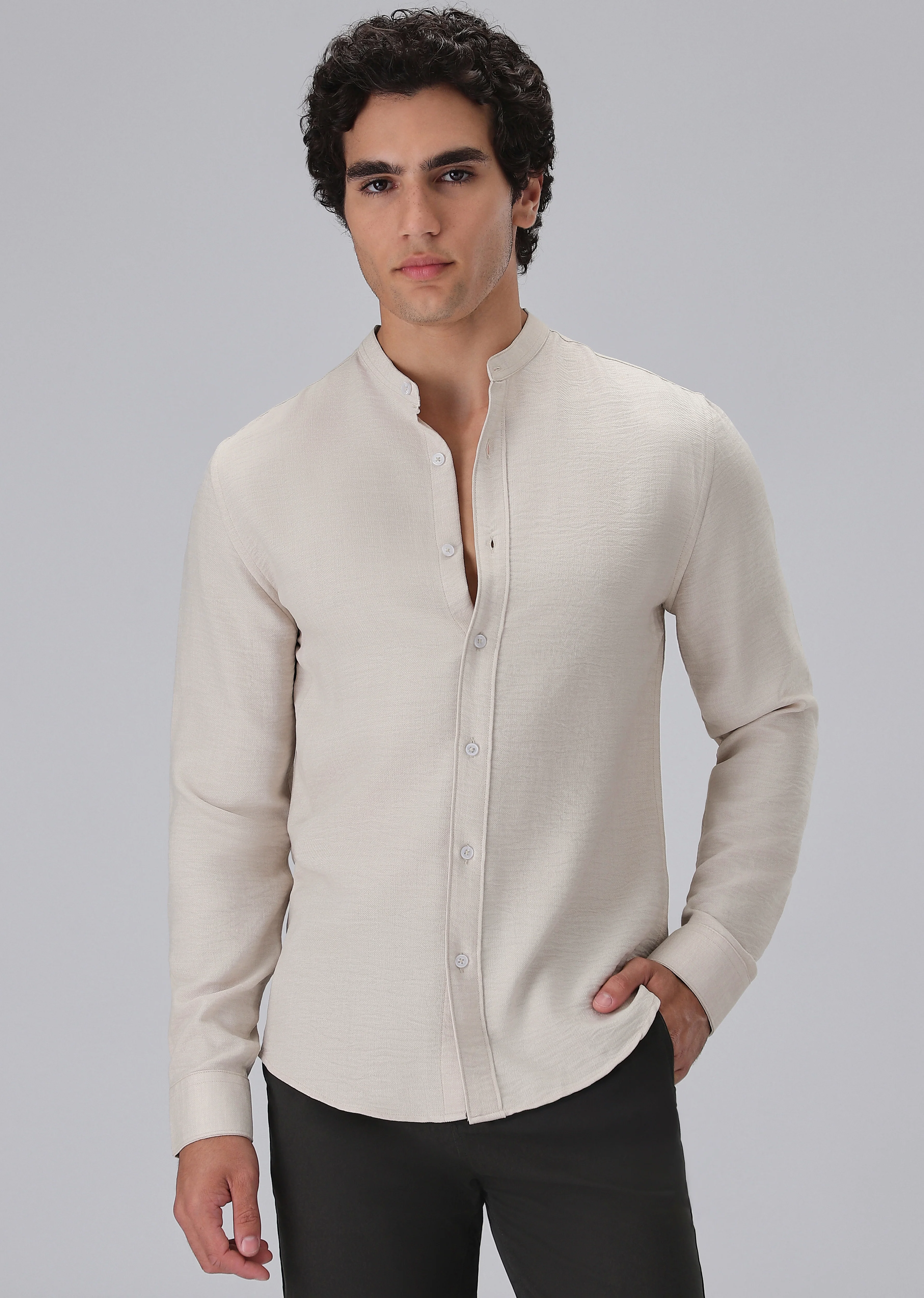 Tan Plain Mandarin Collar Shirt - Image 4
