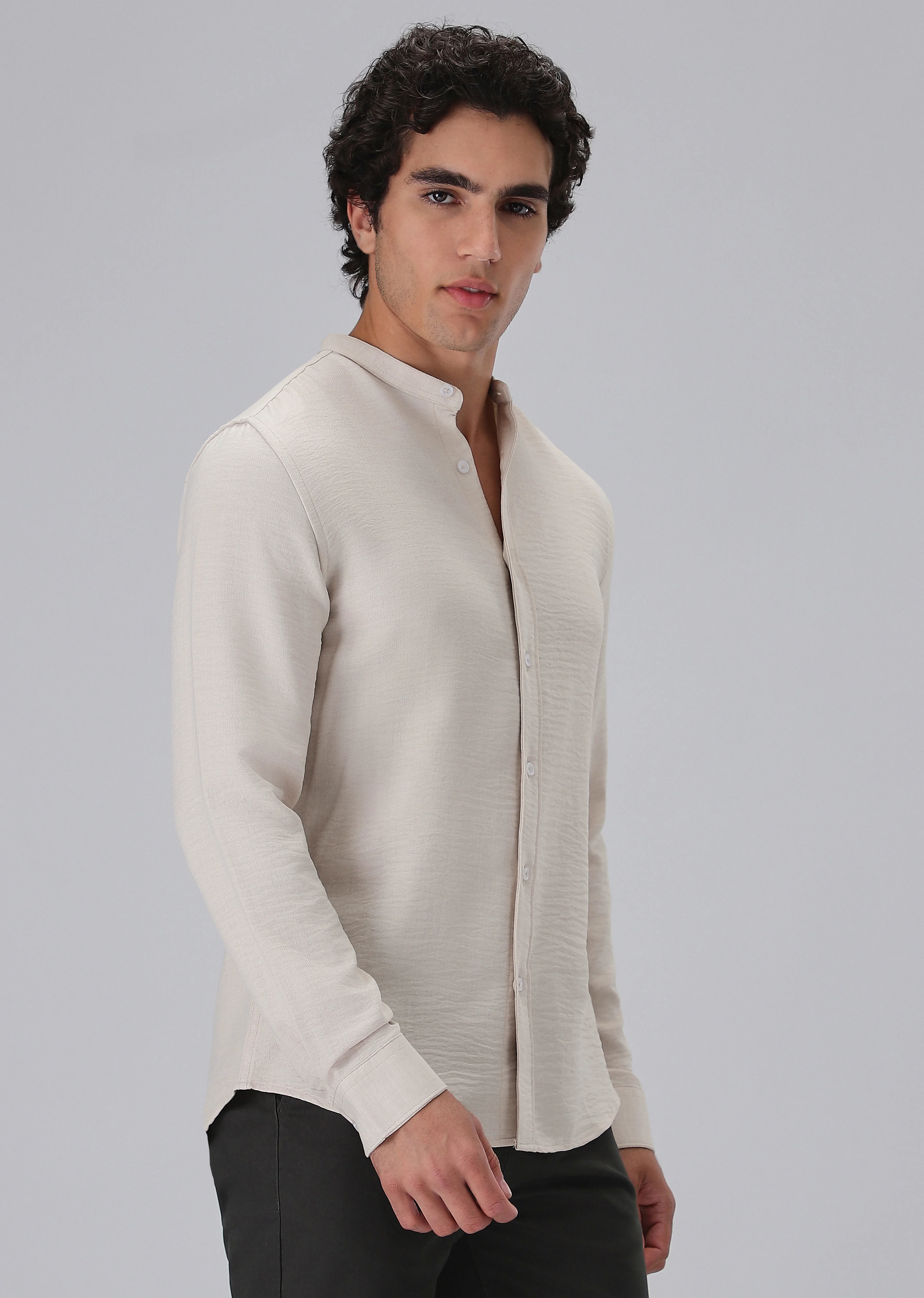Tan Plain Mandarin Collar Shirt - Image 5