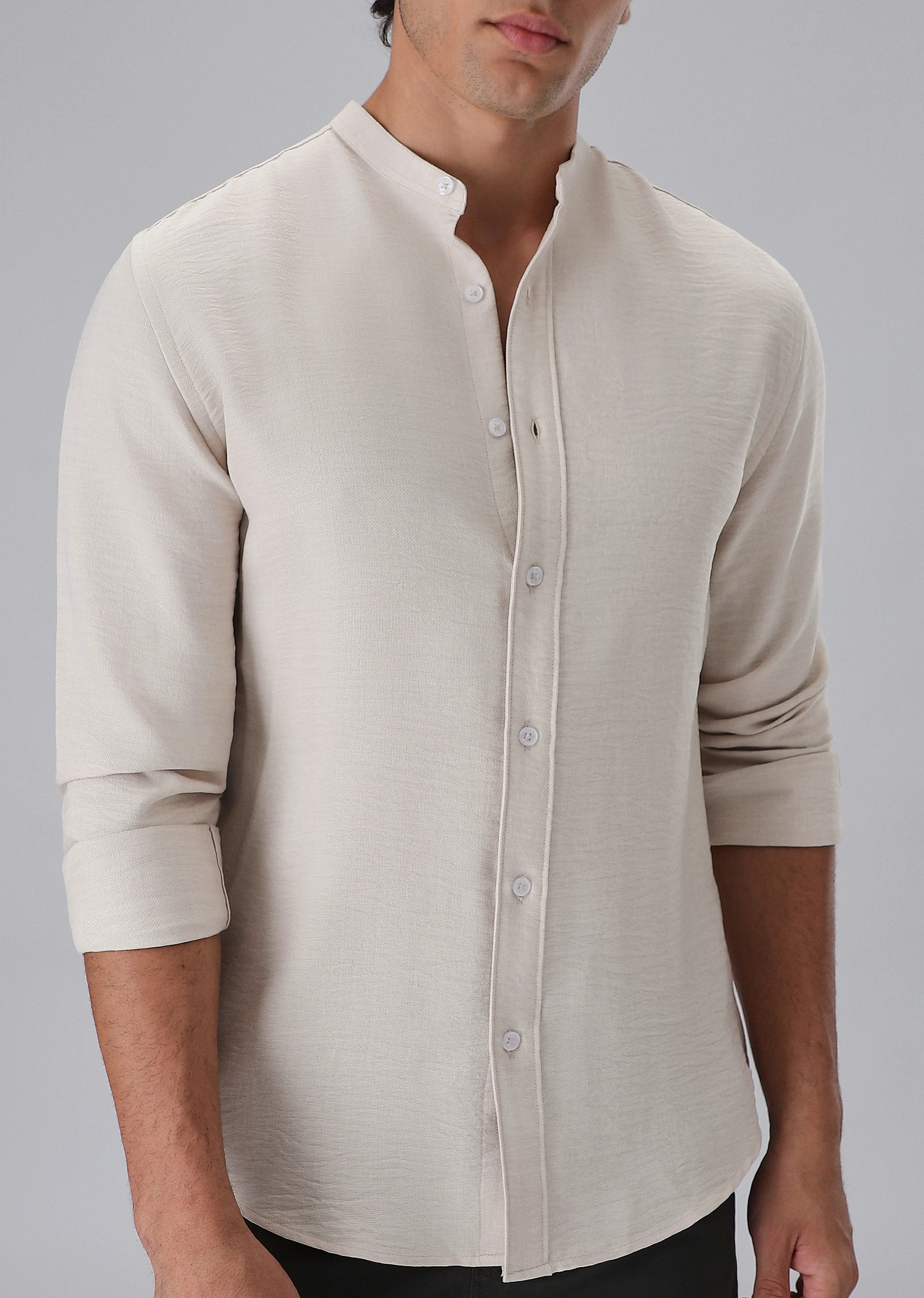Tan Plain Mandarin Collar Shirt - Image 8