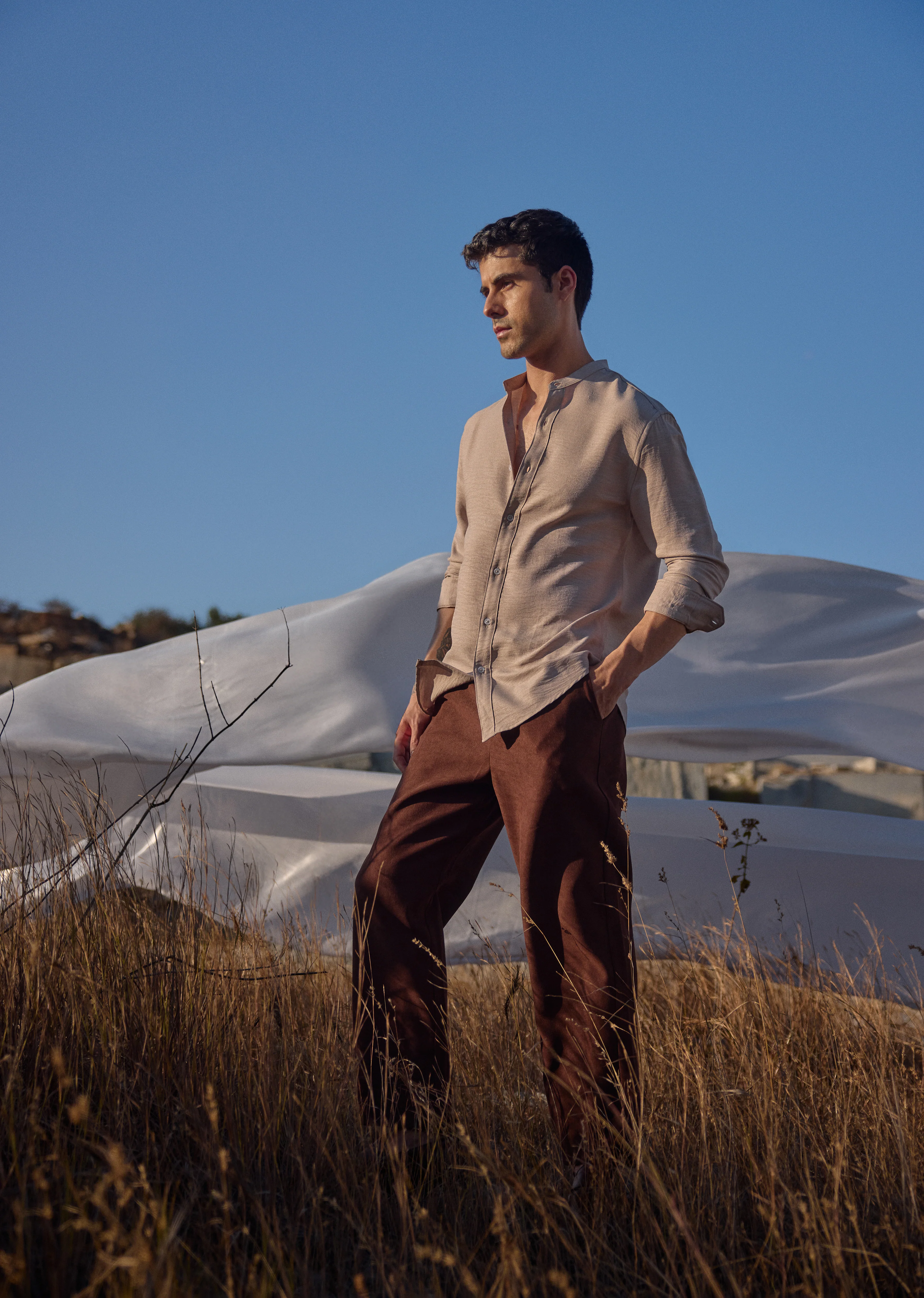 Tan Plain Mandarin Collar Shirt - Image 9
