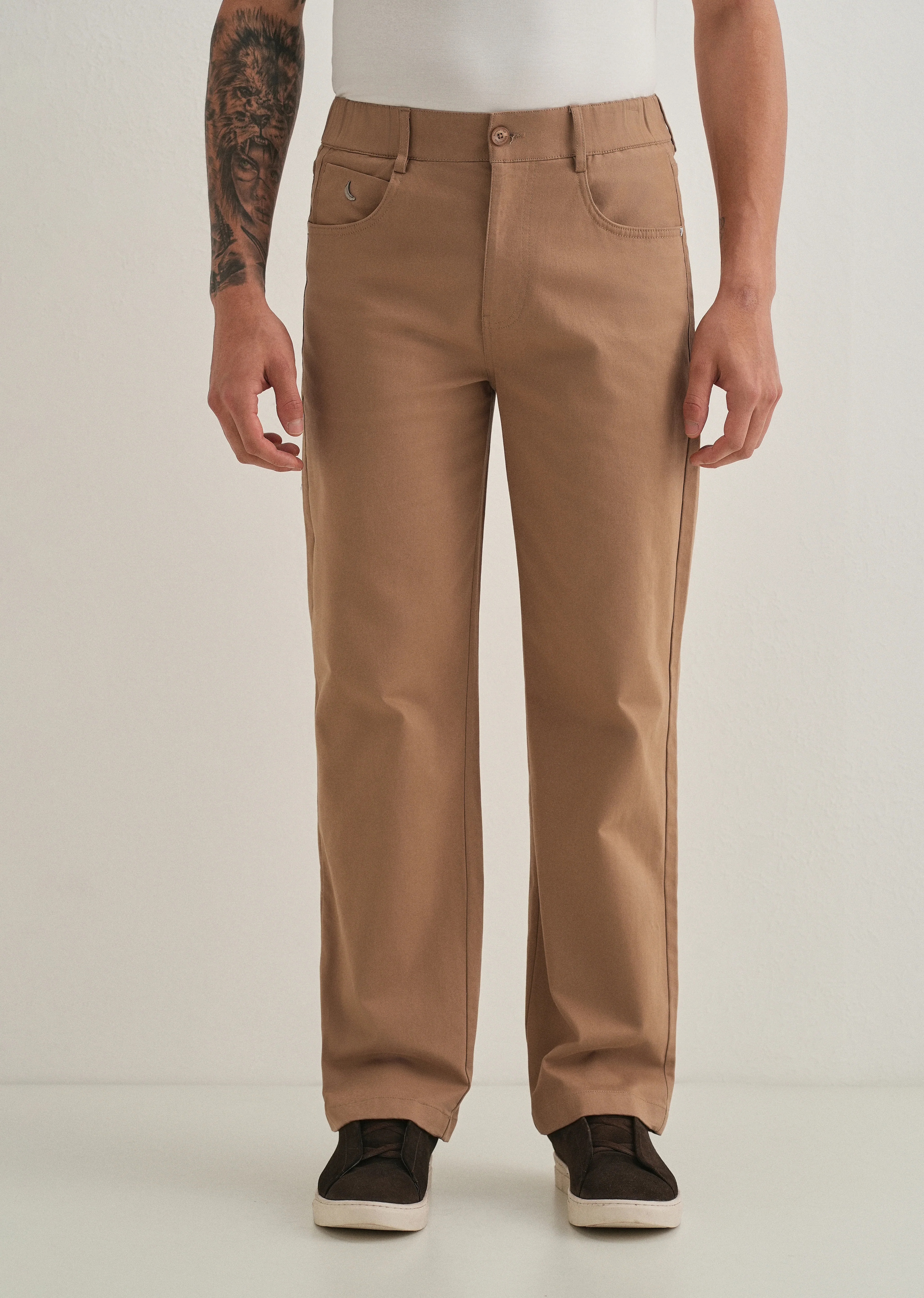 Tan Semi-Elasticated Cotton Trouser - Image 3