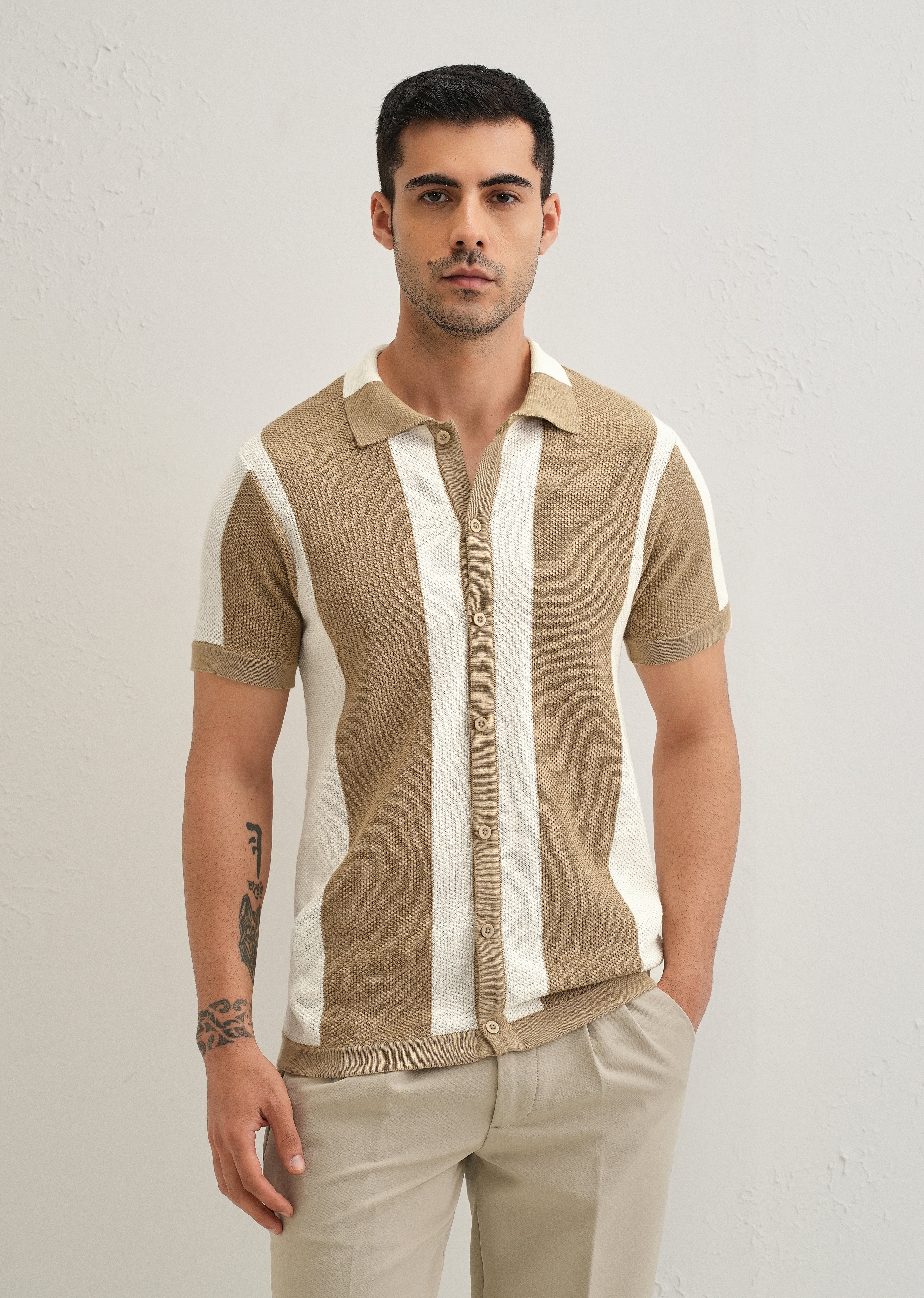 Tan Stripe Knitted Shirt - Image 3