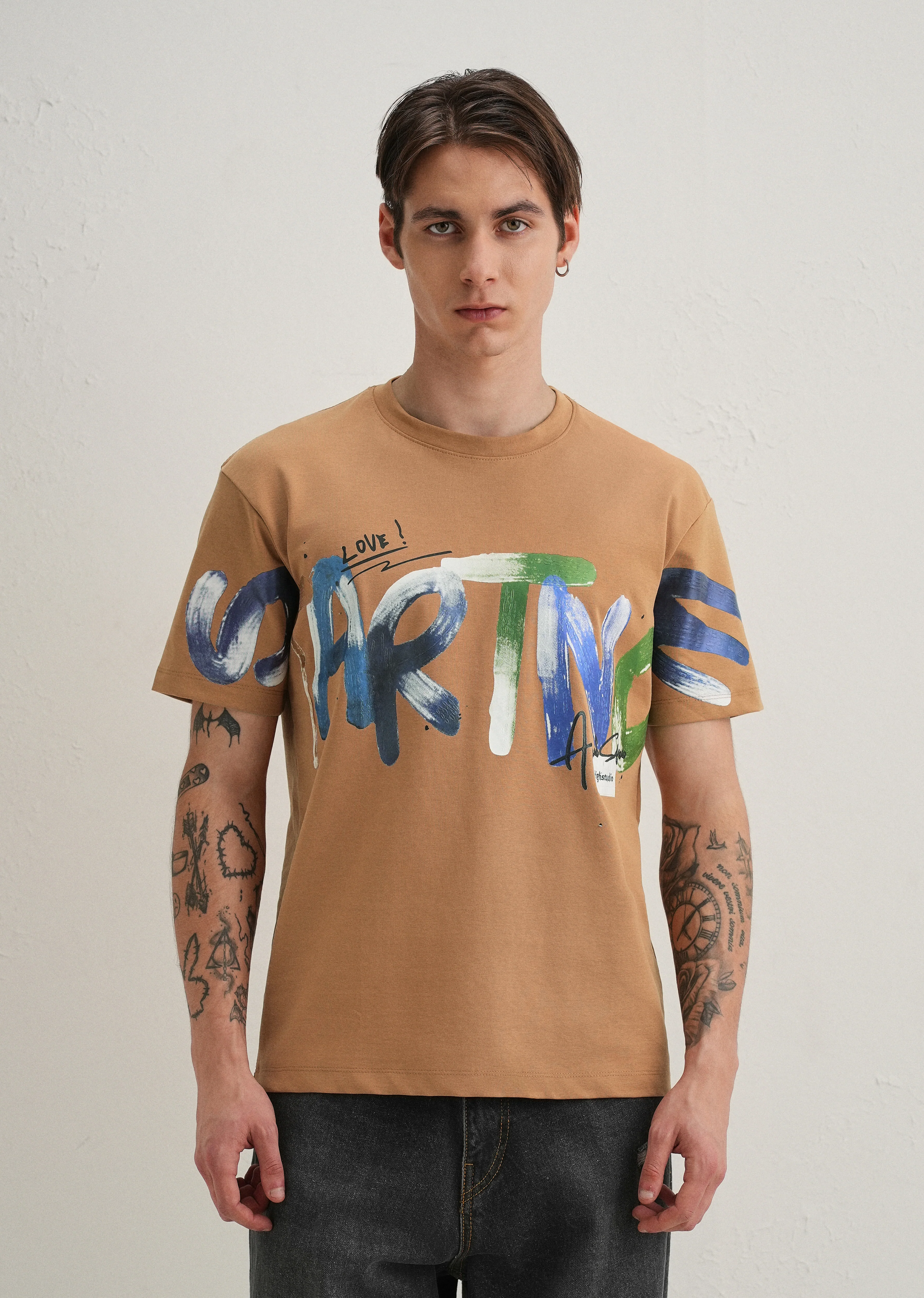 Tan Textured Print T-Shirt - Image 4