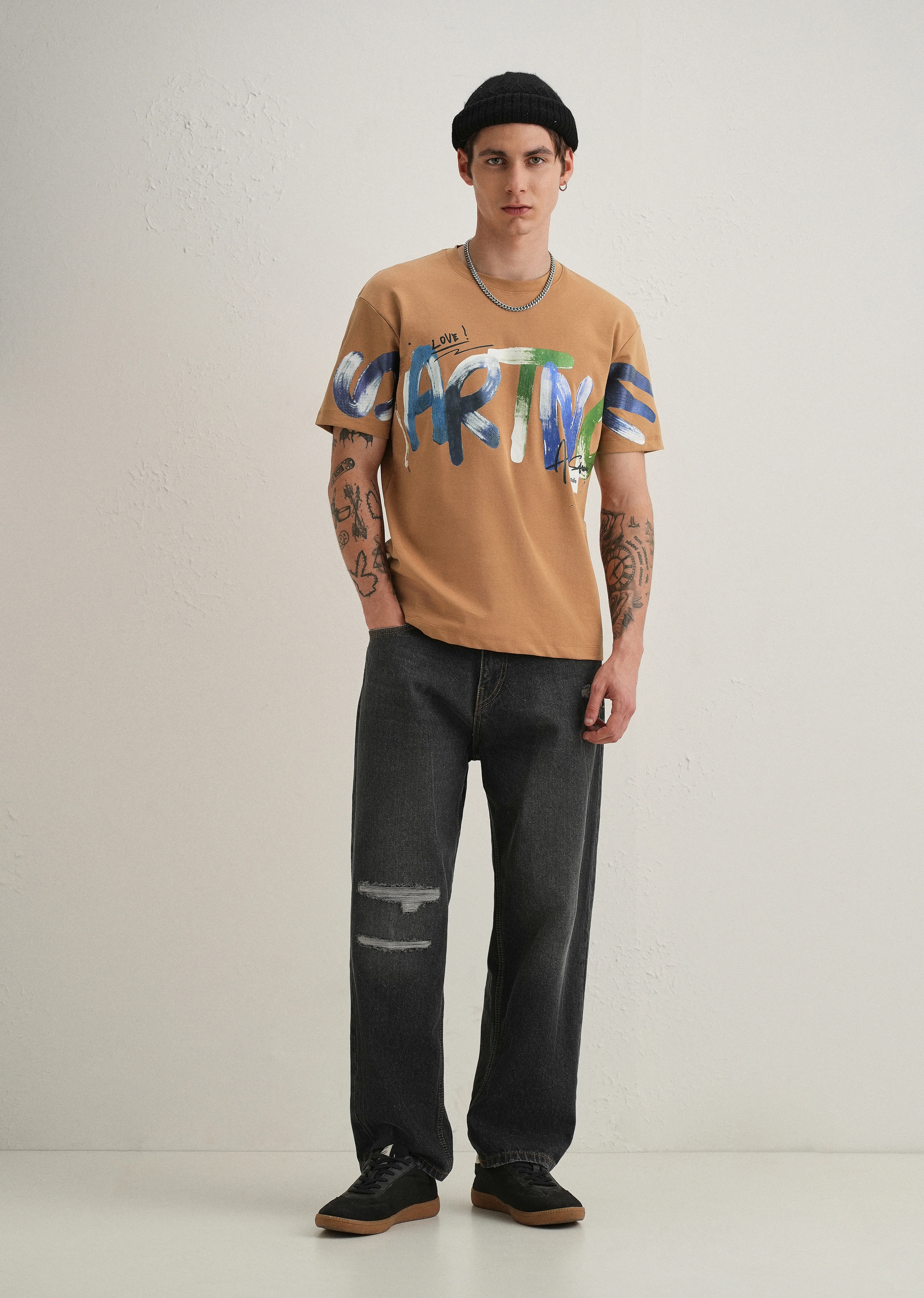 Tan Textured Print T-Shirt - Image 7