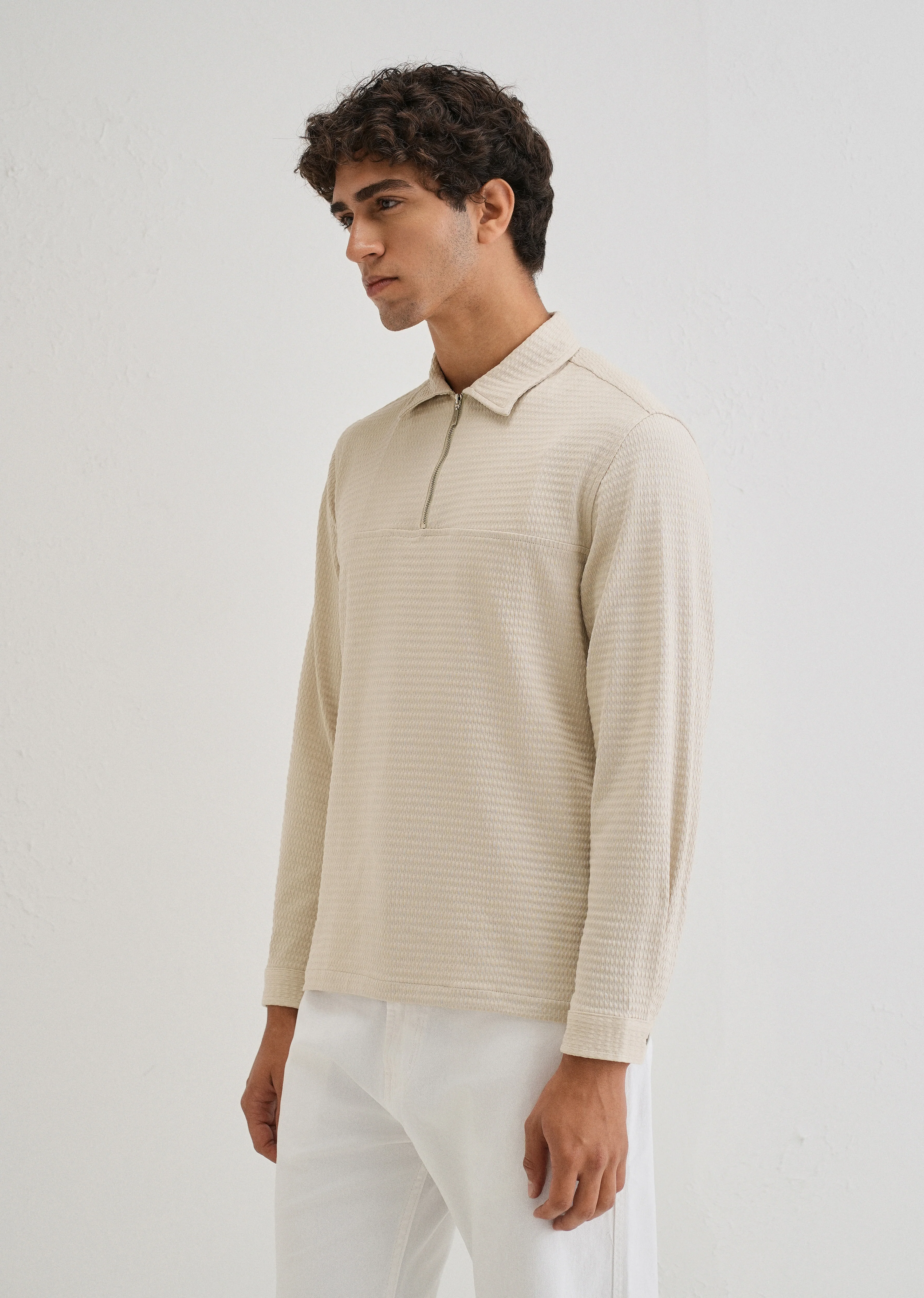 Tan Zipper Polo Knit T-shirt - Image 4