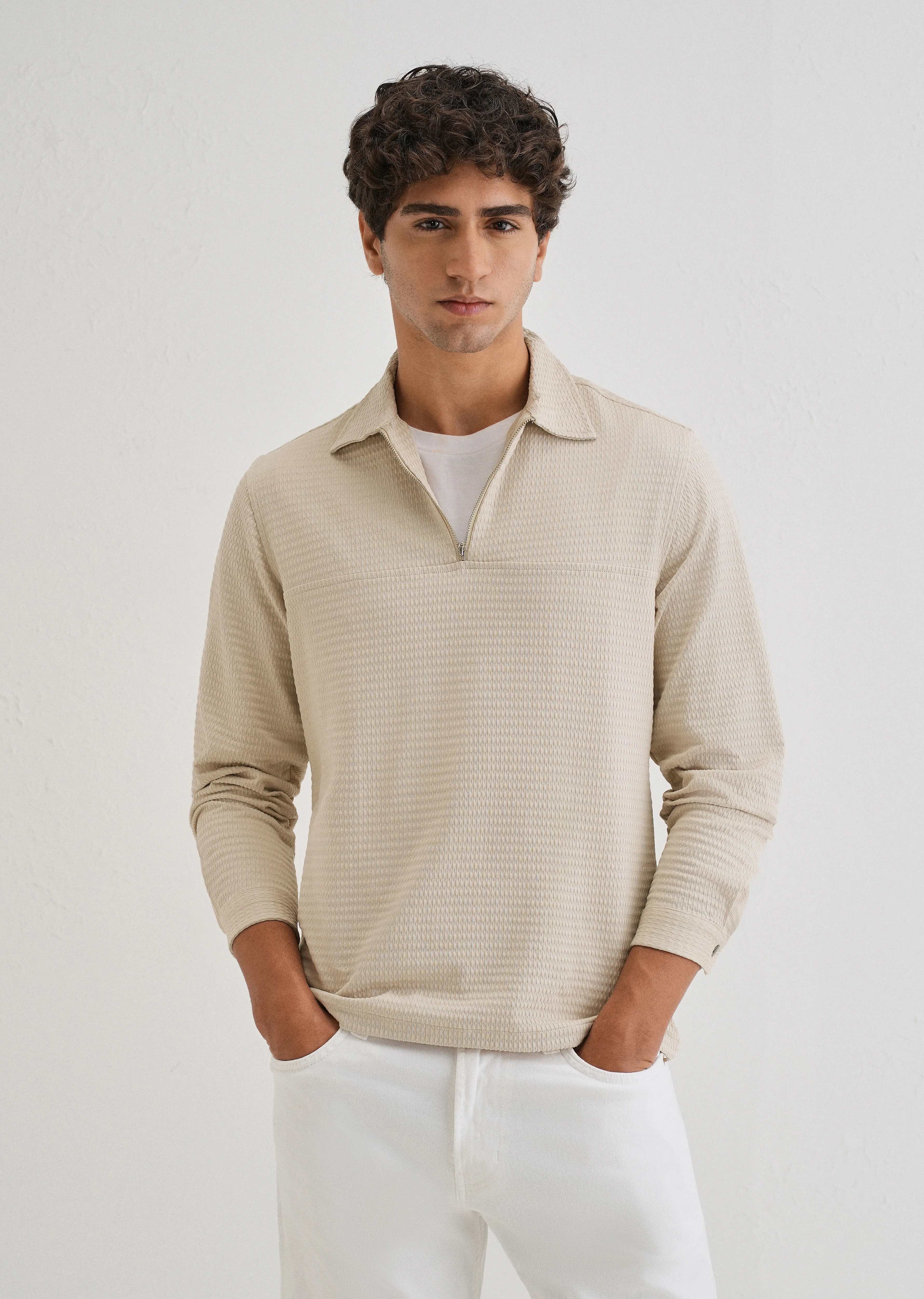 Tan Zipper Polo Knit T-shirt - Image 7