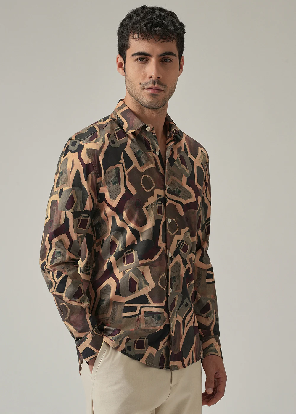 Taupe Beige Geometric Print Shirt - Image 4