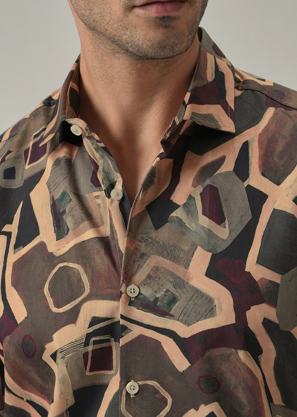 Taupe Beige Geometric Print Shirt - Image 5