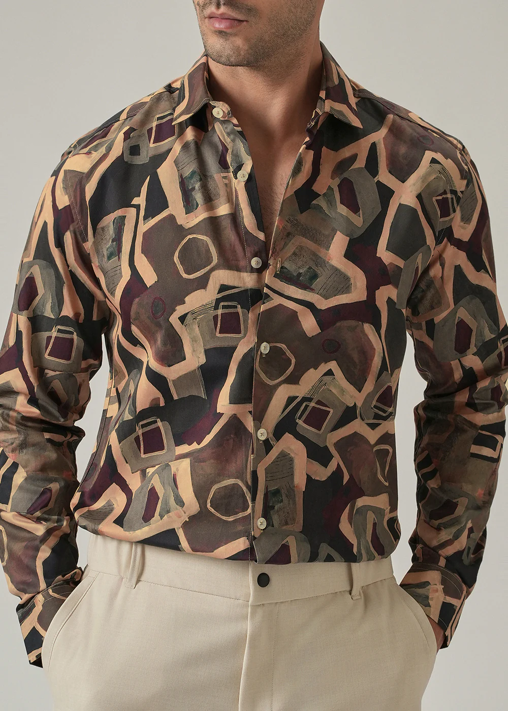 Taupe Beige Geometric Print Shirt - Image 7