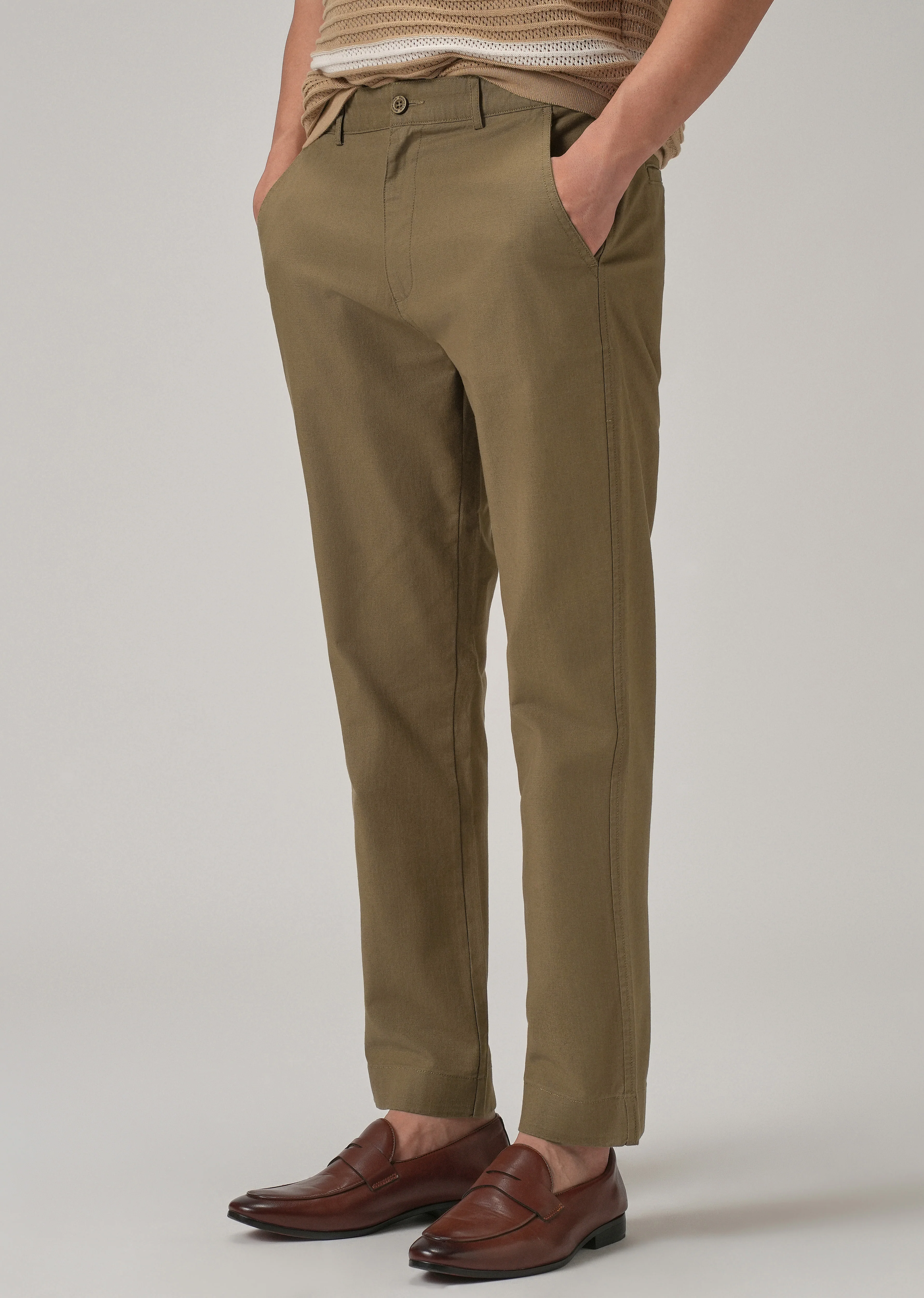 Taupe Brown Cotton Trouser - Image 7