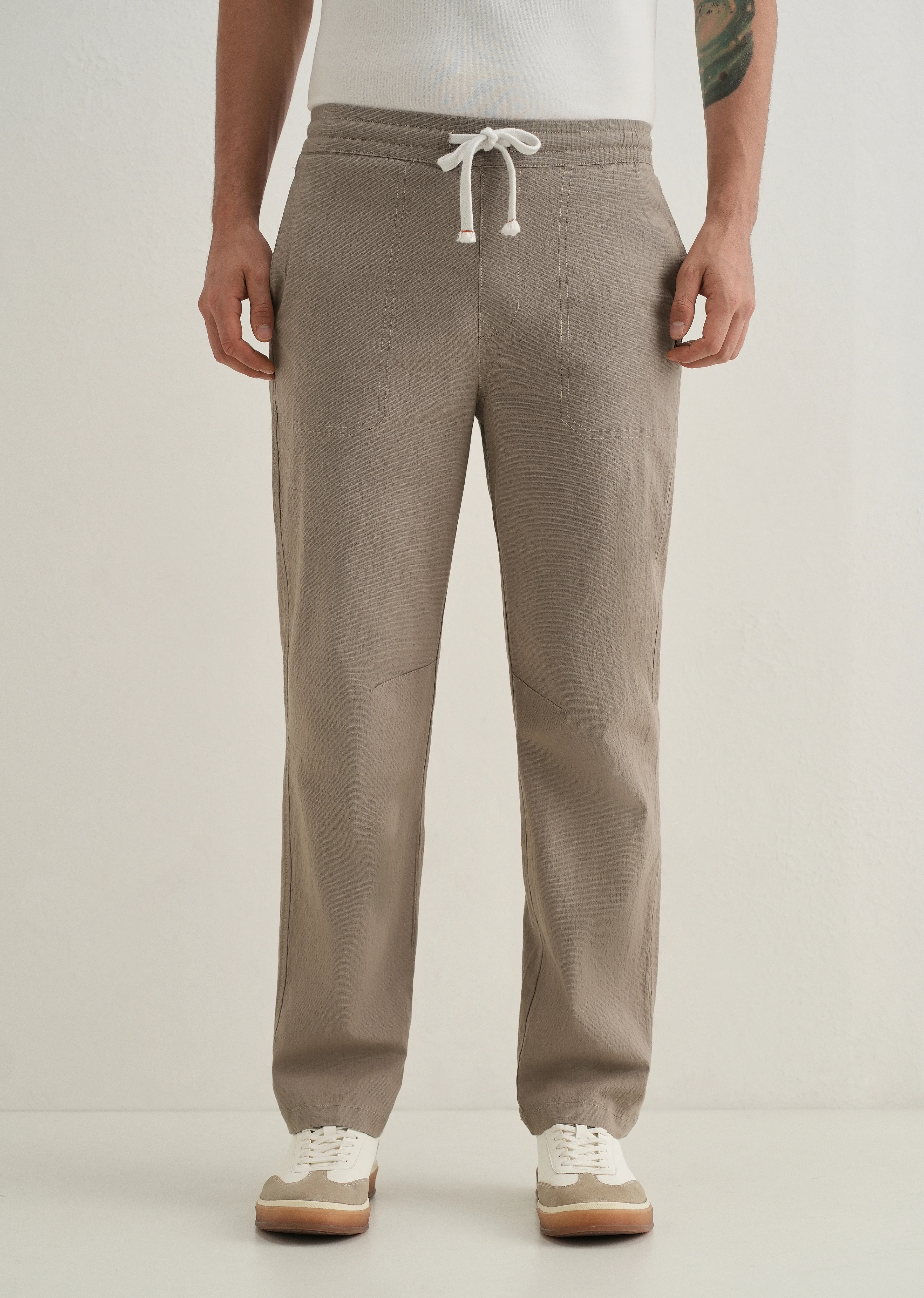 Taupe Drawstring Cotton Linen Pant - Image 3