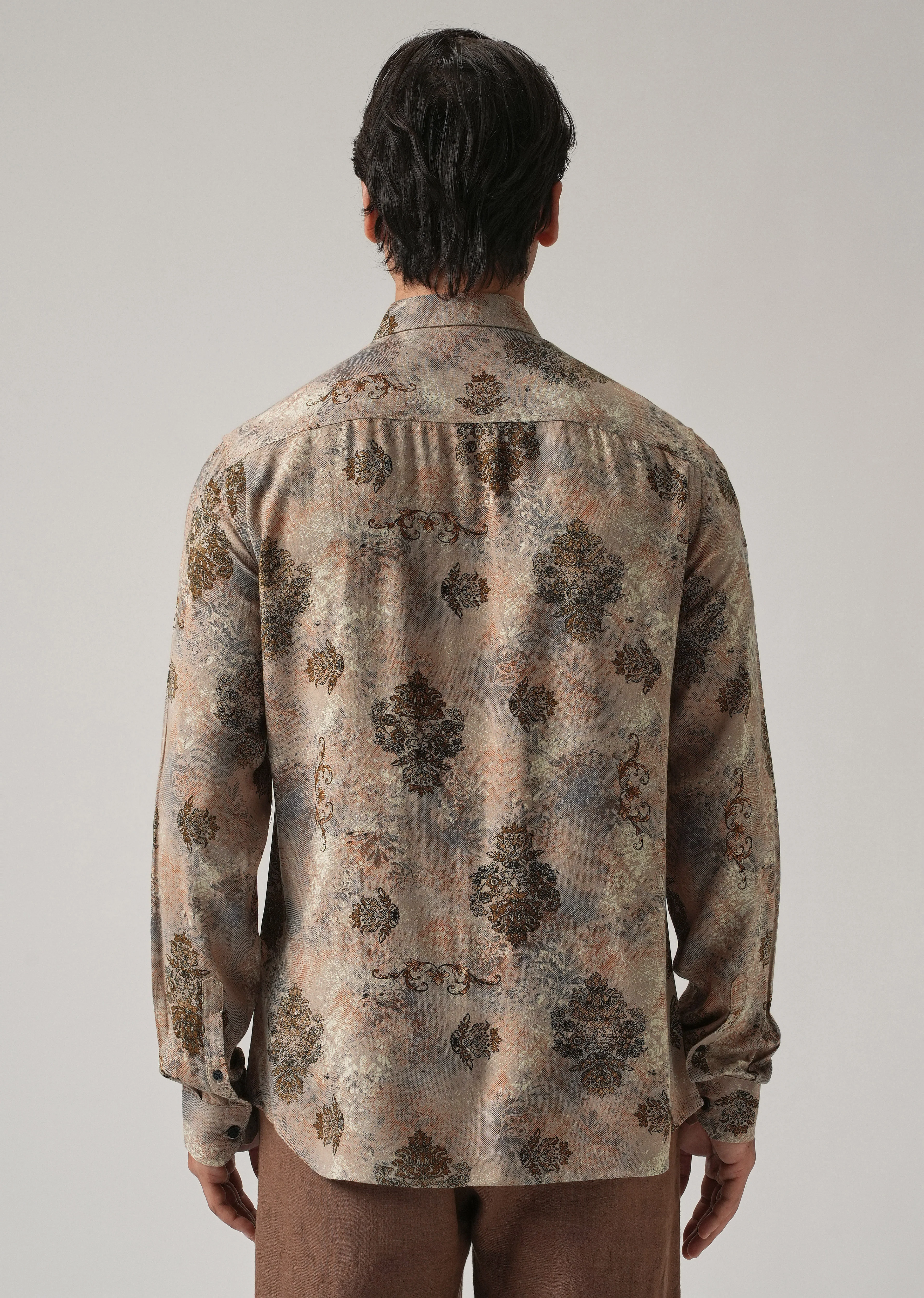 Taupe Floral Print Feather Shirt - Image 2