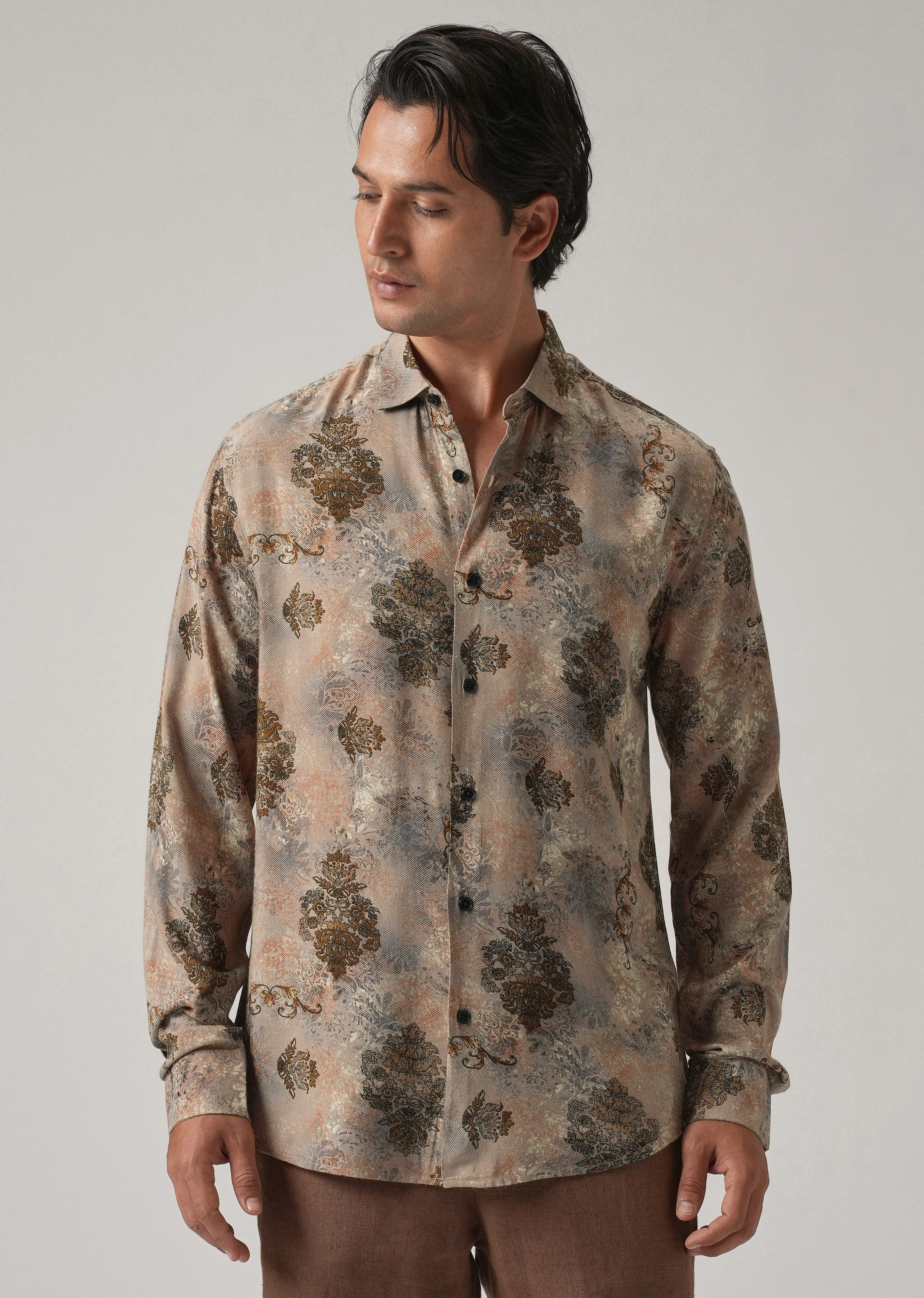 Taupe Floral Print Feather Shirt - Image 3