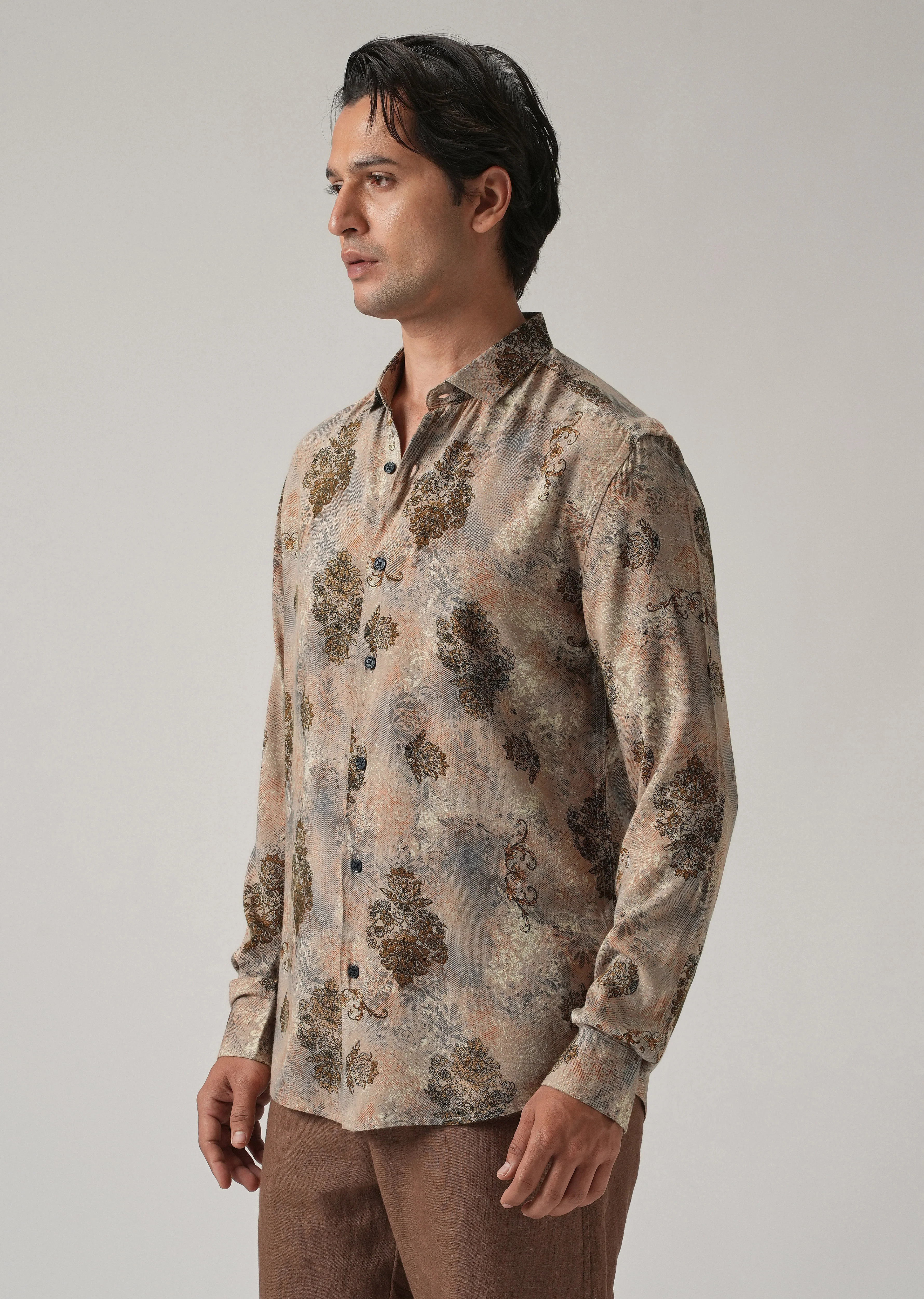 Taupe Floral Print Feather Shirt - Image 4