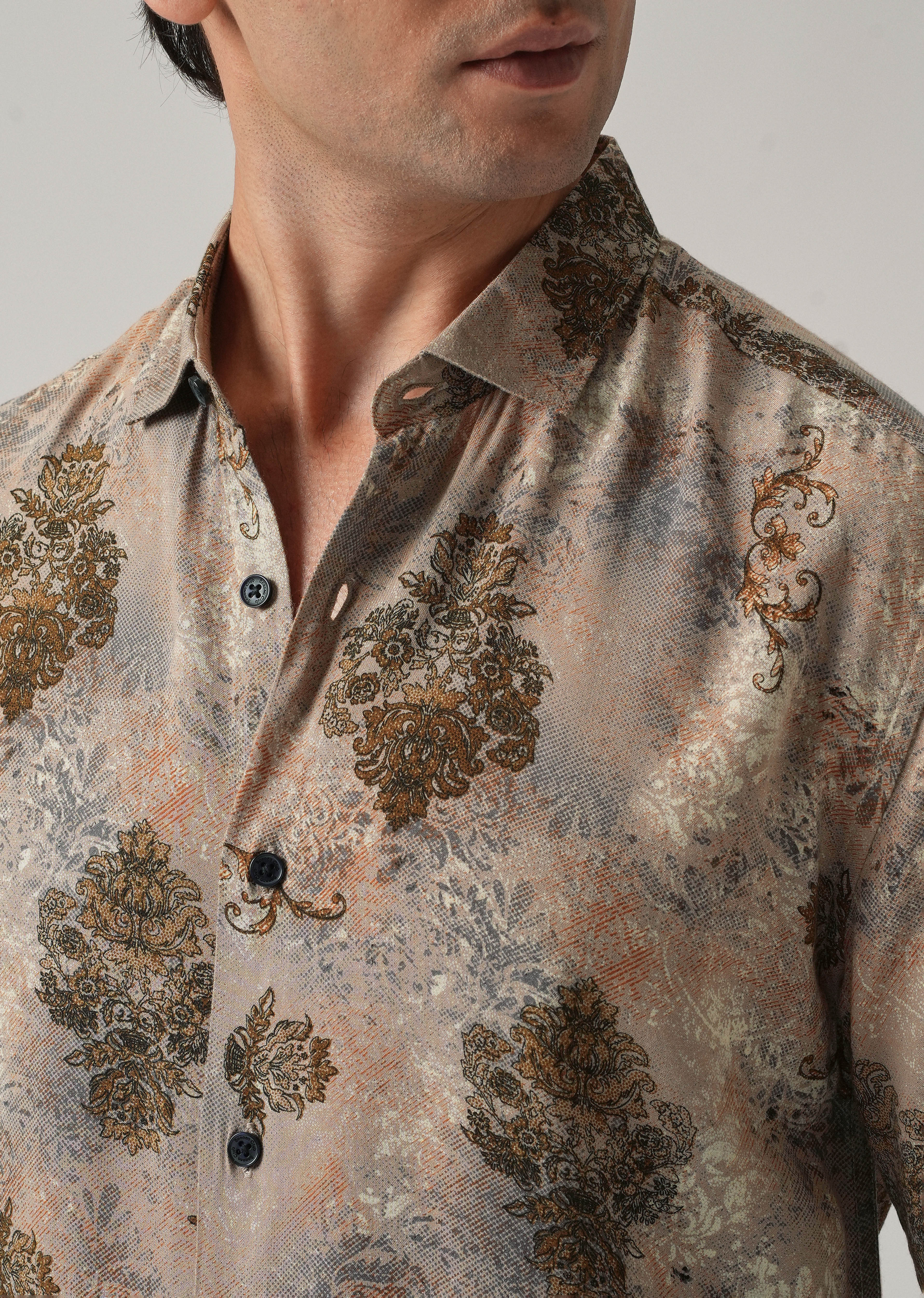 Taupe Floral Print Feather Shirt - Image 5