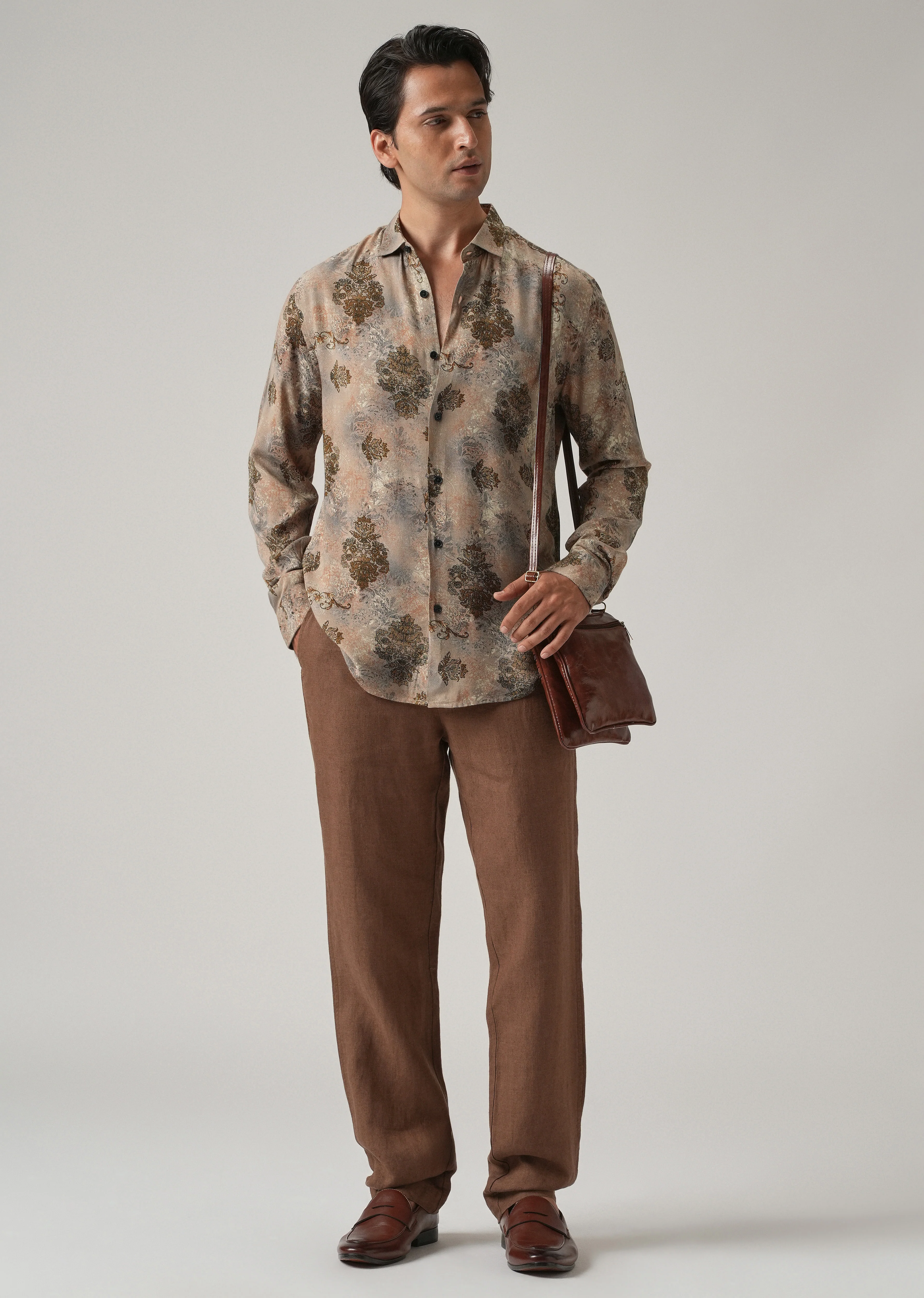 Taupe Floral Print Feather Shirt - Image 6