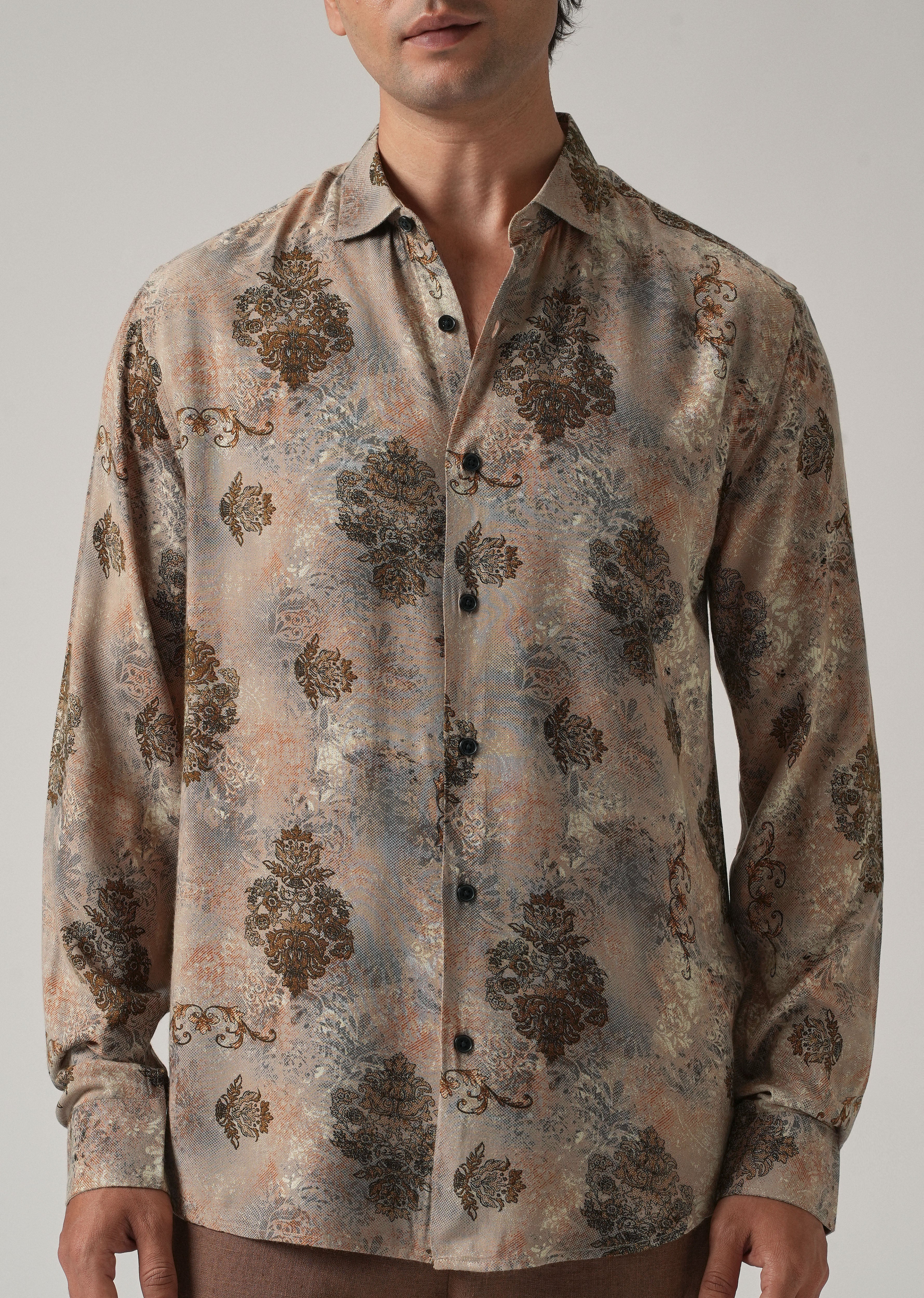 Taupe Floral Print Feather Shirt - Image 7