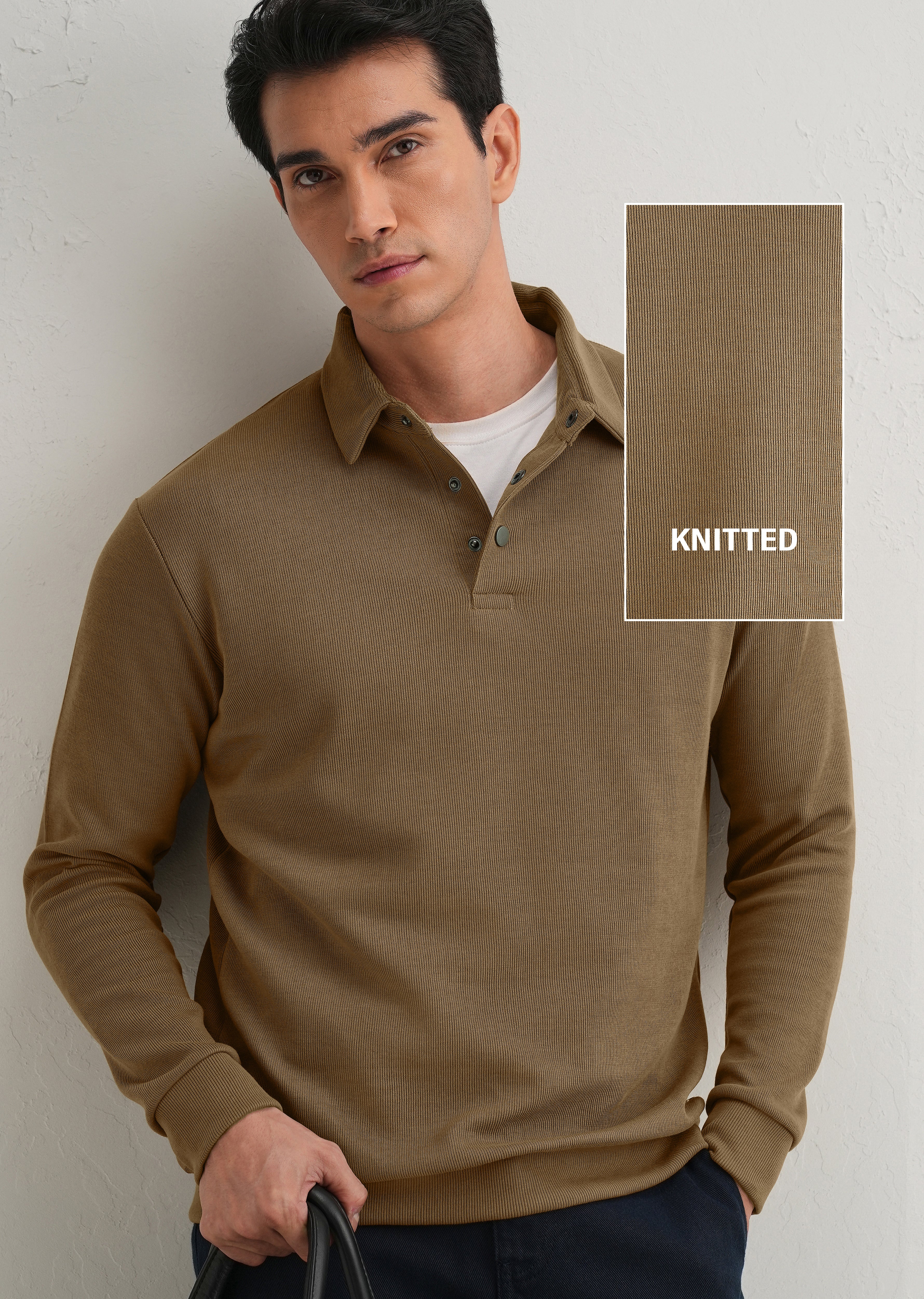 Taupe Knitted Polo Sweatshirt - Image 10