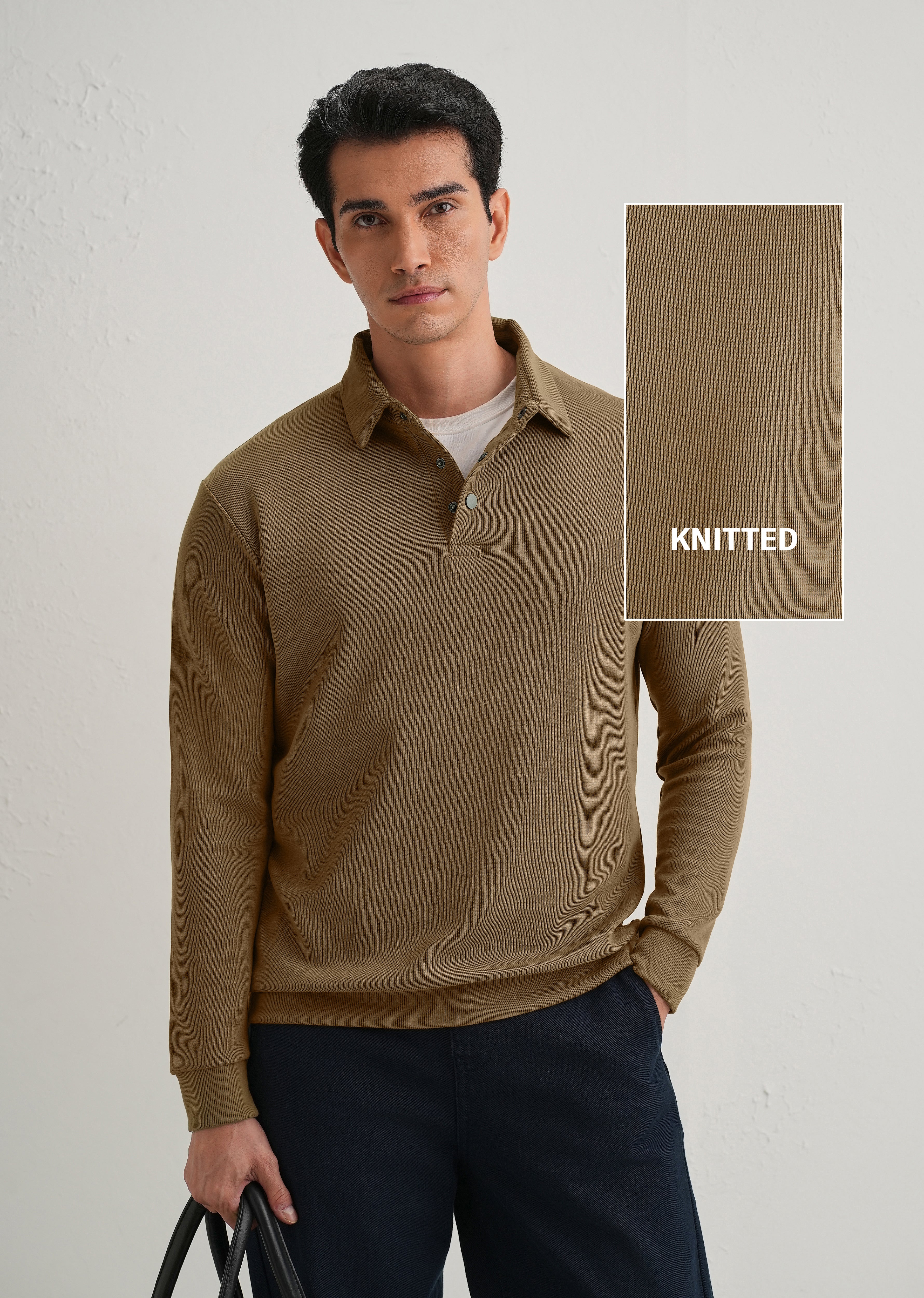 Taupe Knitted Polo Sweatshirt - Image 3