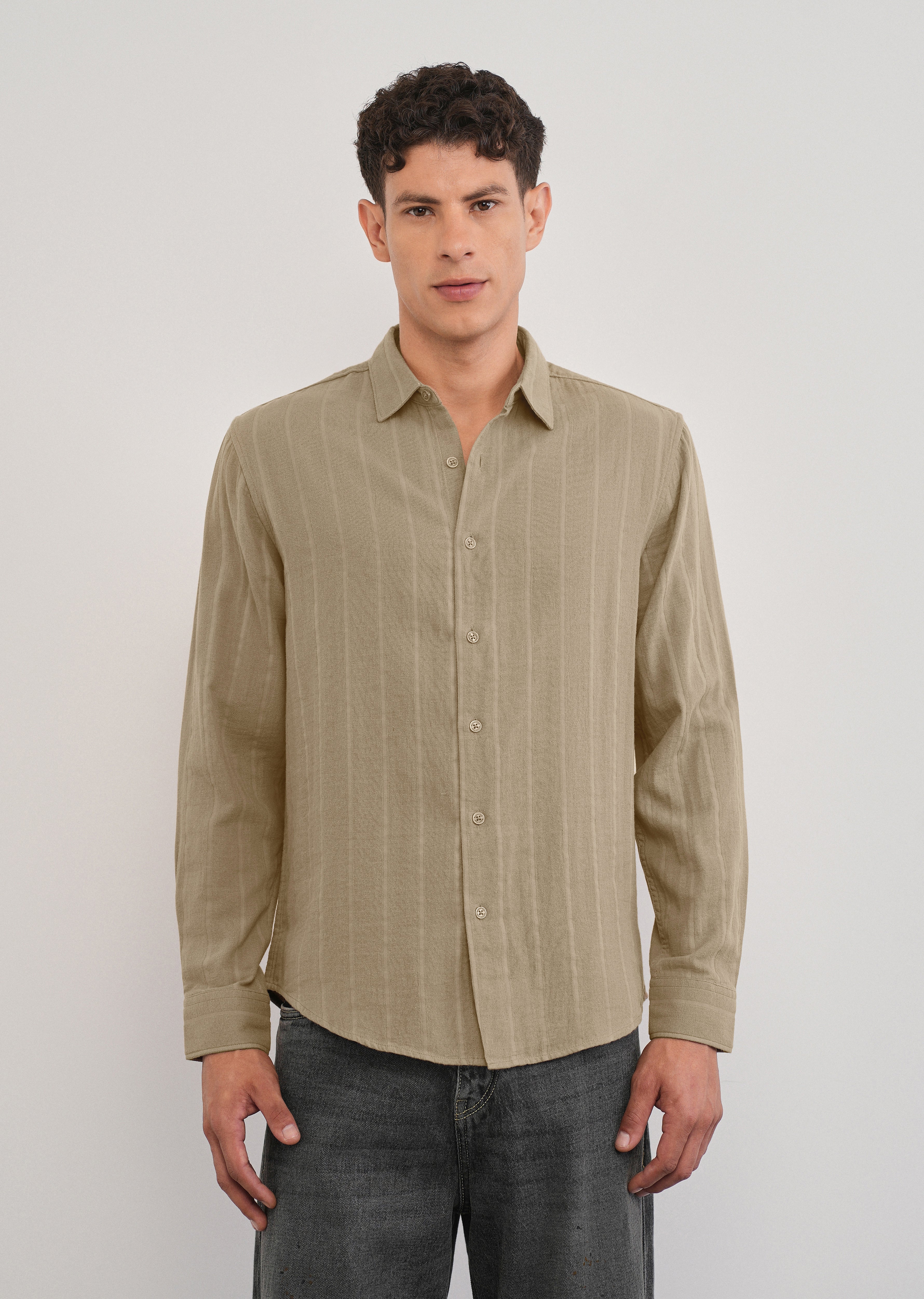 Taupe Self Striped Cotton Shirt - Image 3