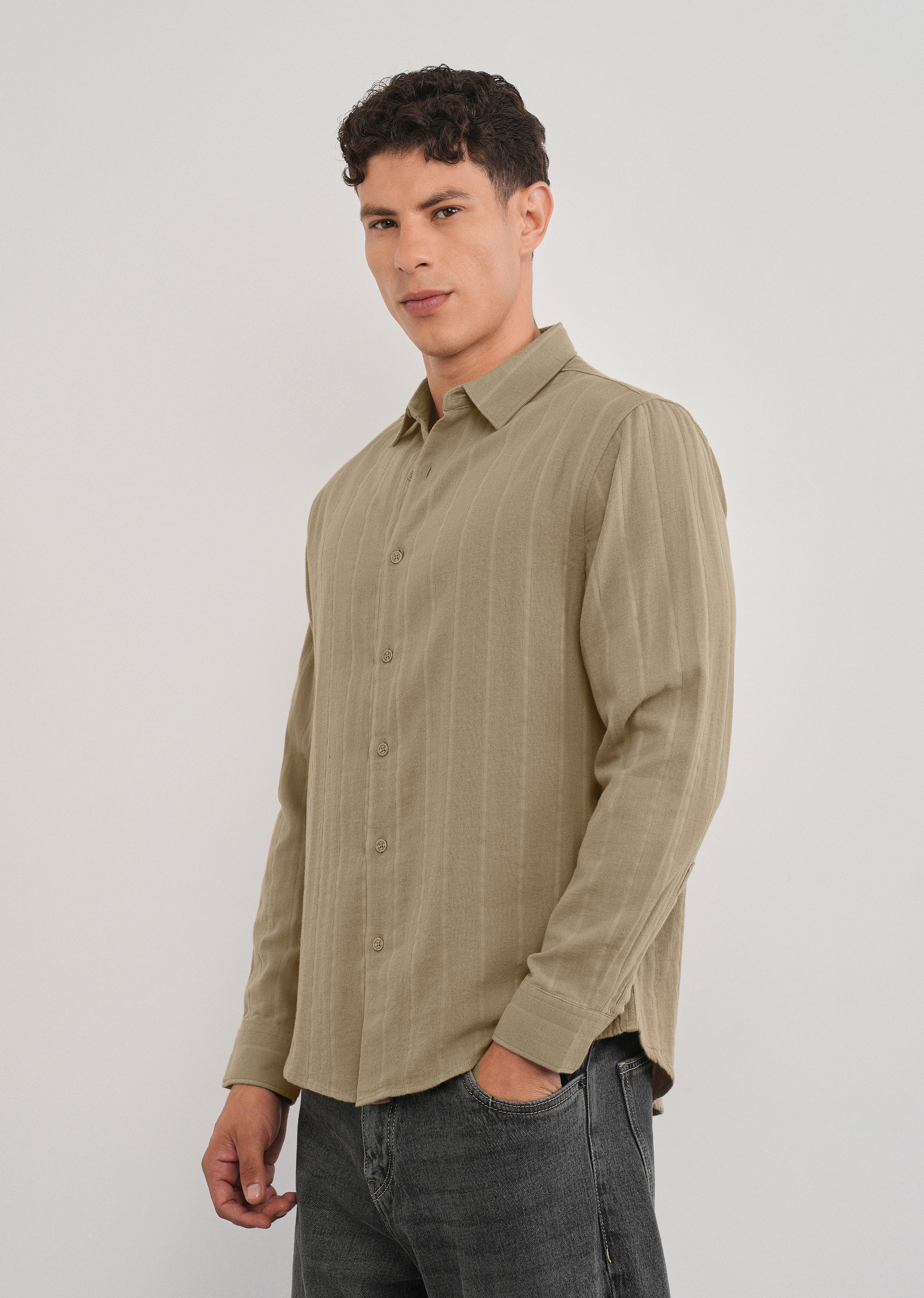 Taupe Self Striped Cotton Shirt - Image 4