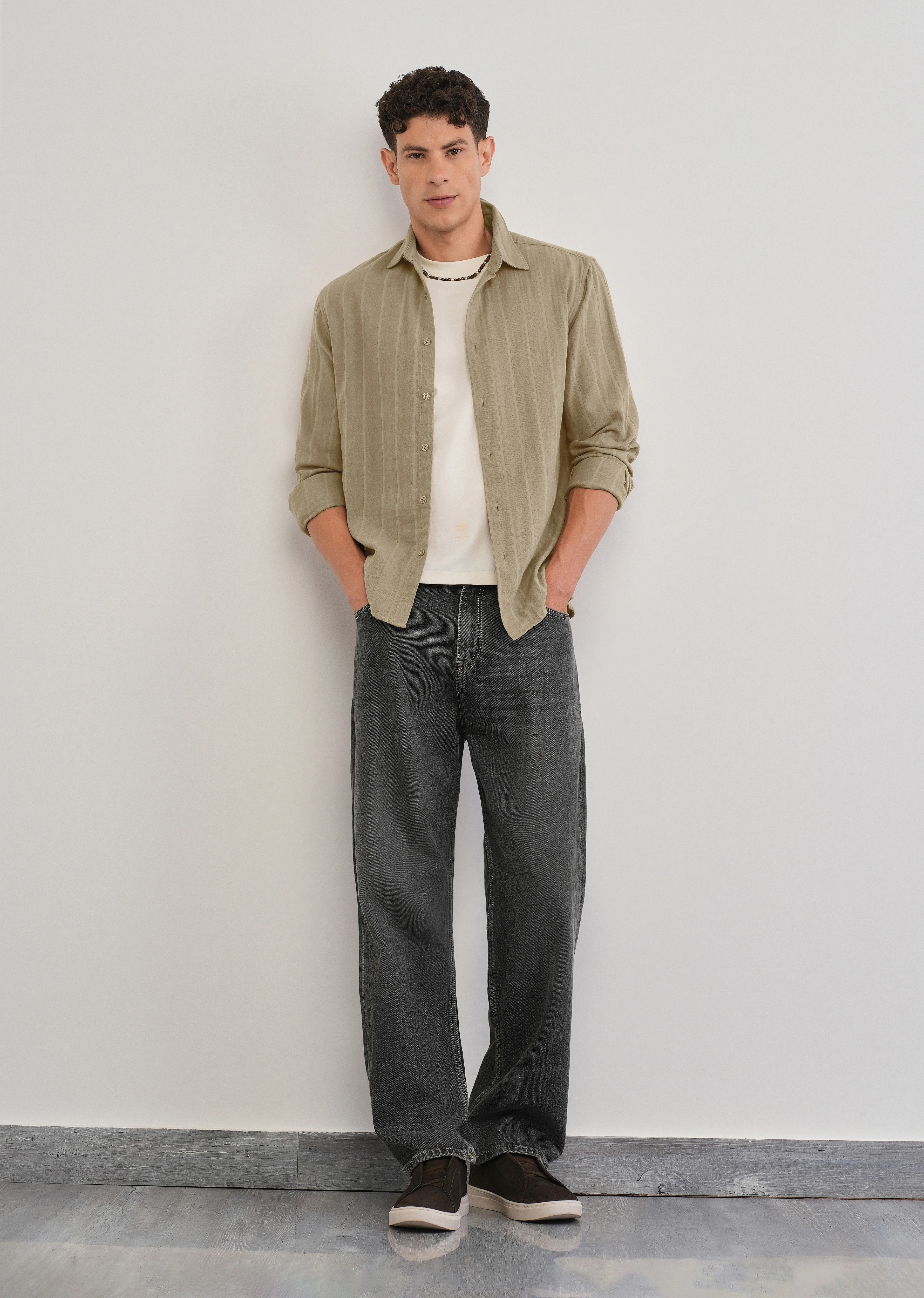 Taupe Self Striped Cotton Shirt - Image 6