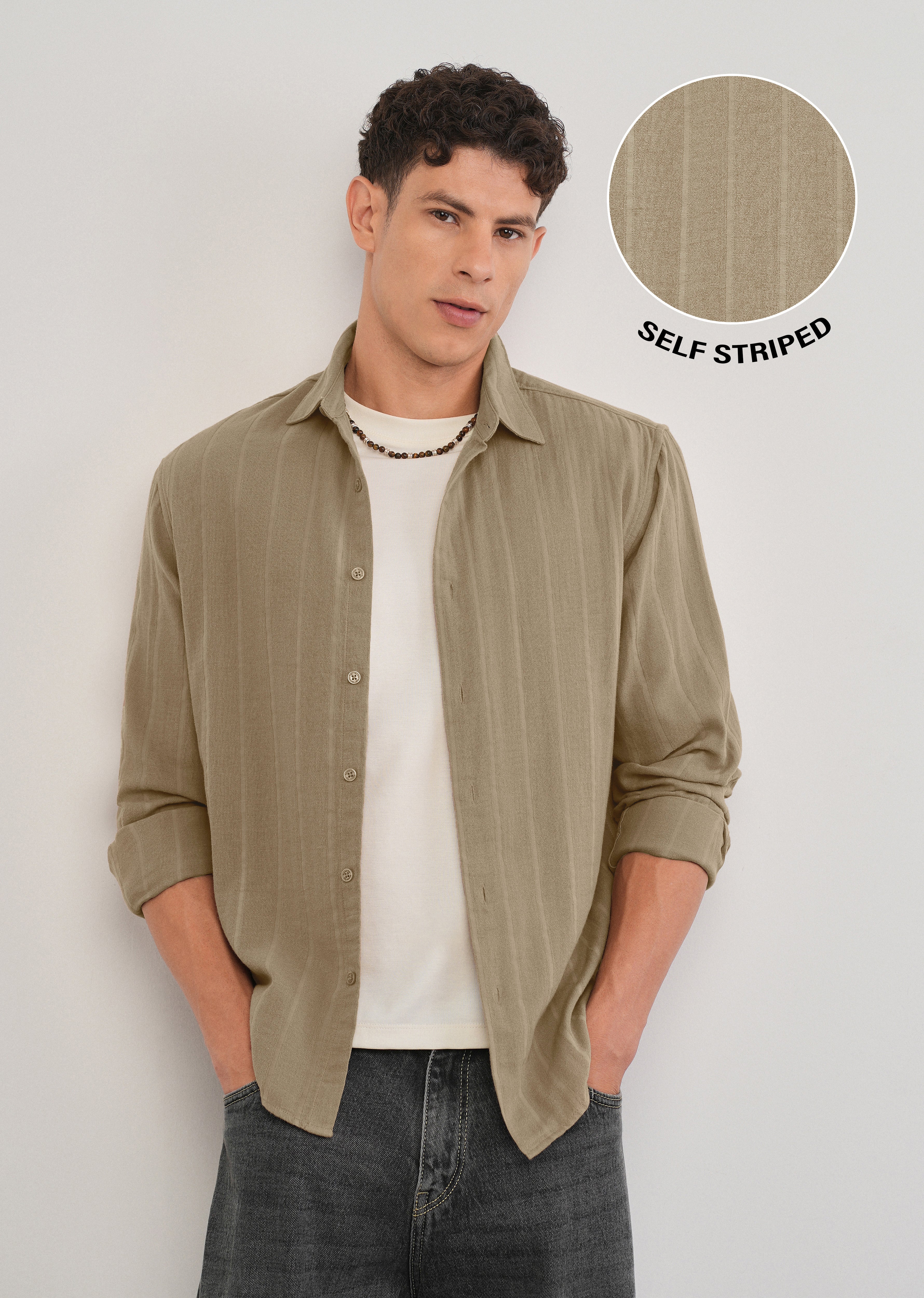 Taupe Self Striped Cotton Shirt - Image 7