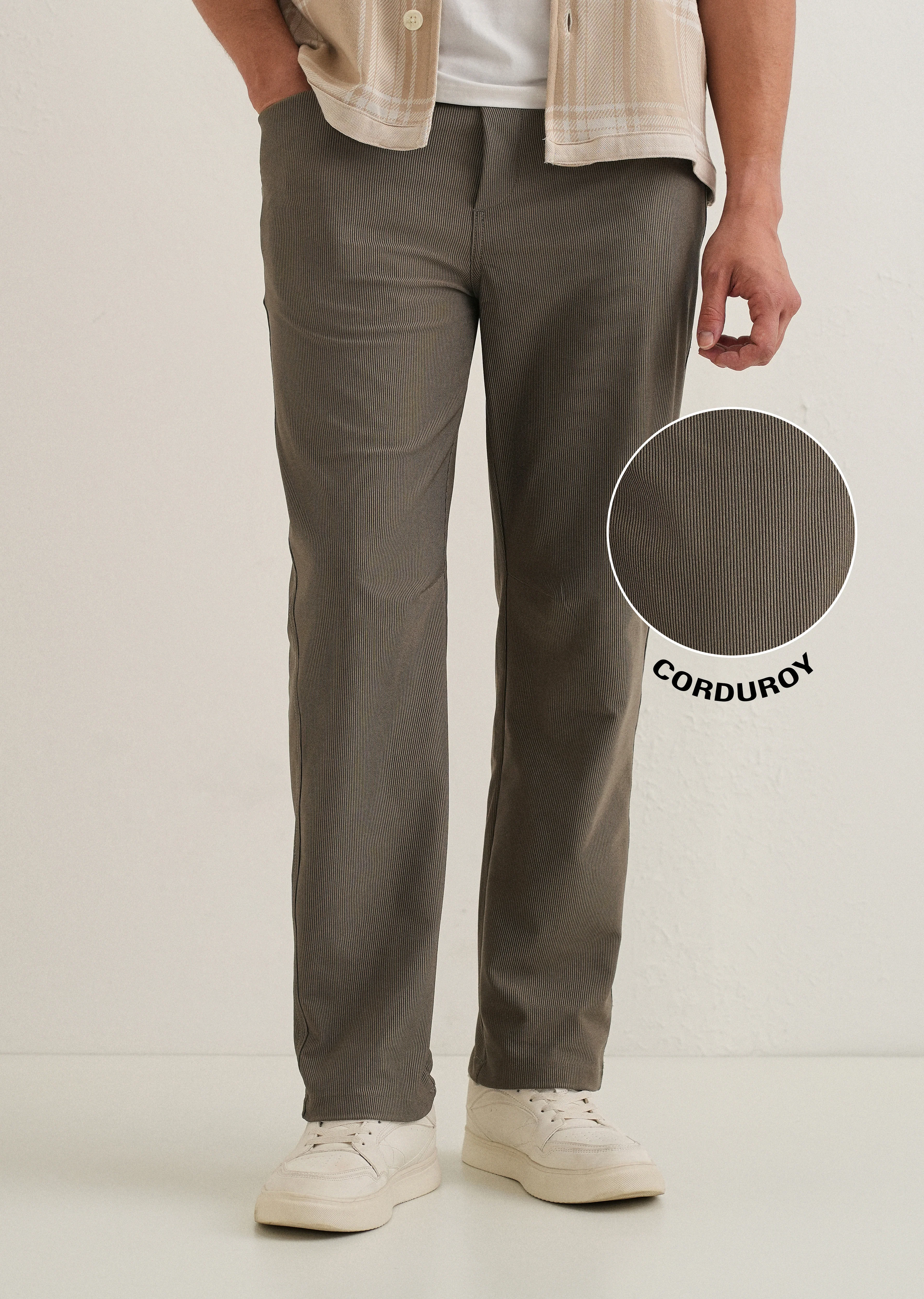 Taupe Straight Fit Corduroy Pants - Image 2