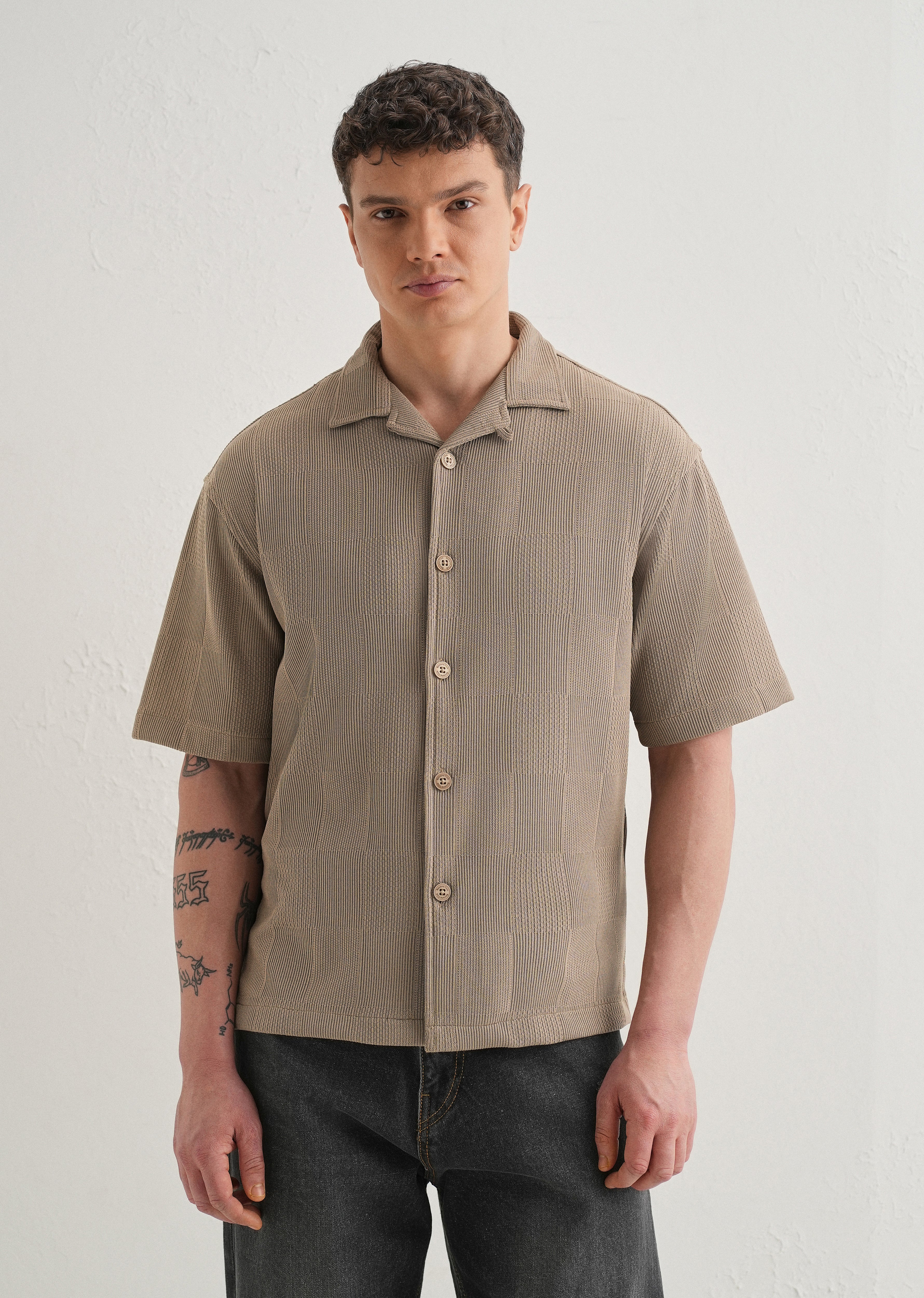Taupe Textured Check Knit Shirt - Image 3