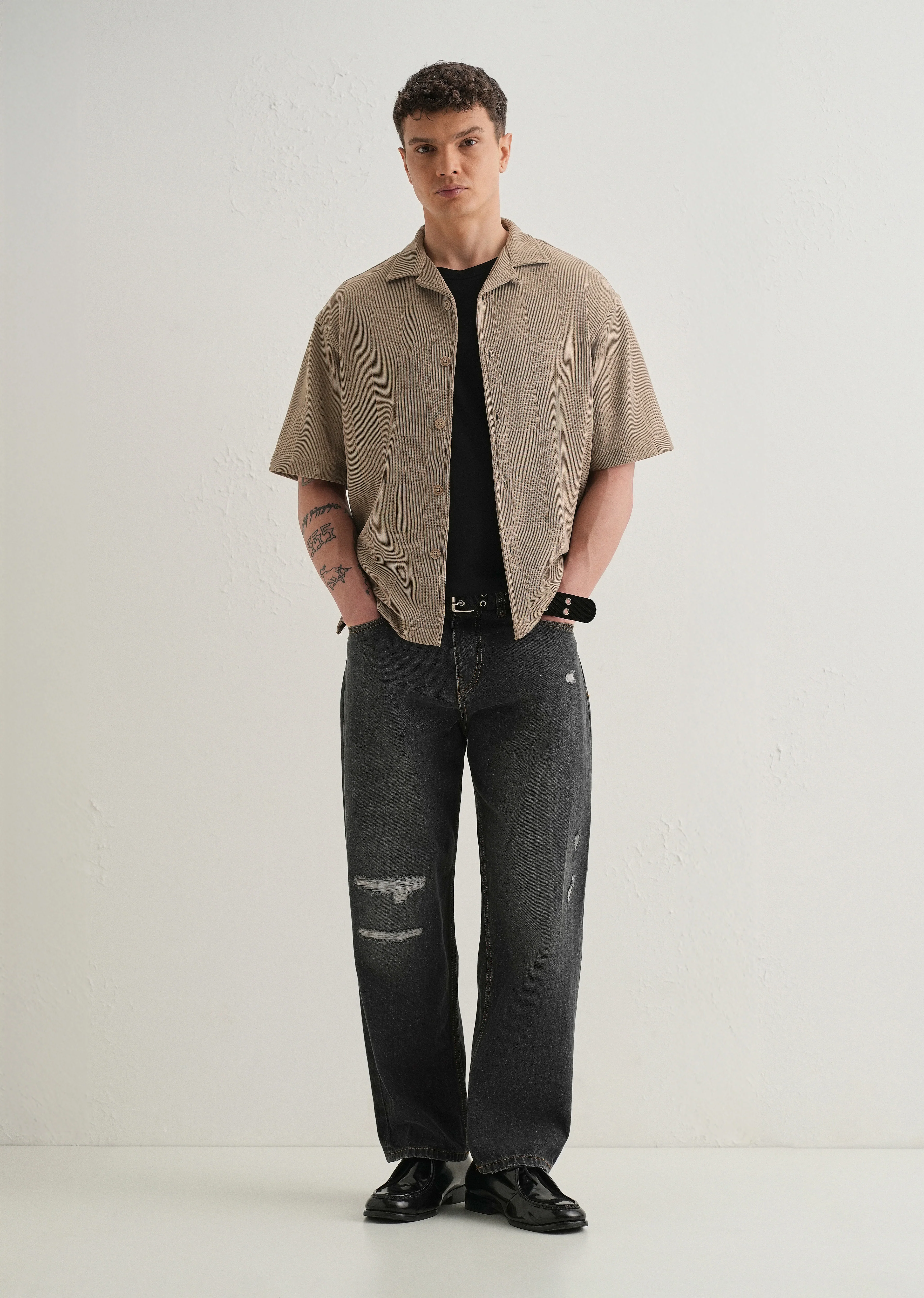 Taupe Textured Check Knit Shirt - Image 6
