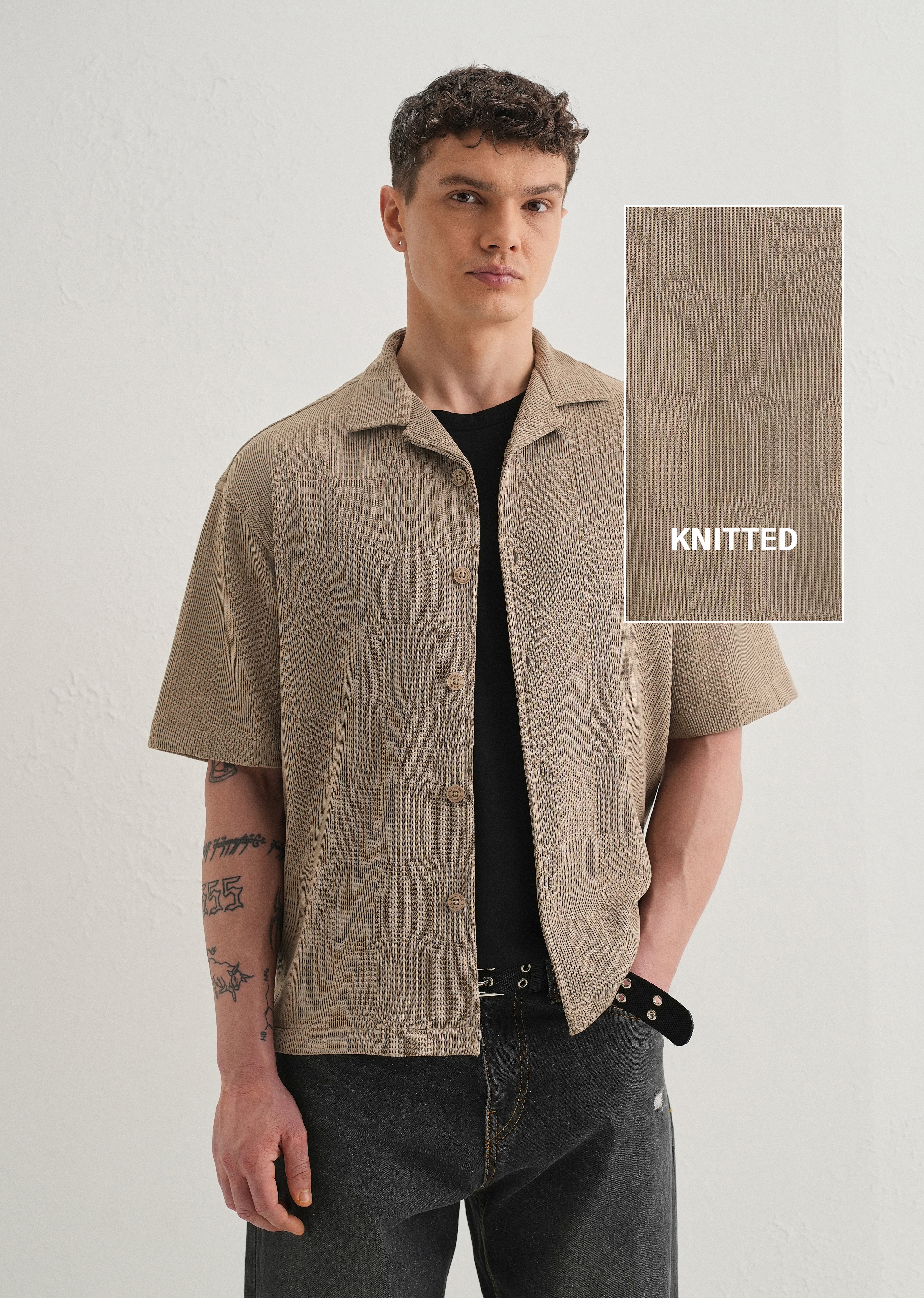 Taupe Textured Check Knit Shirt - Image 7