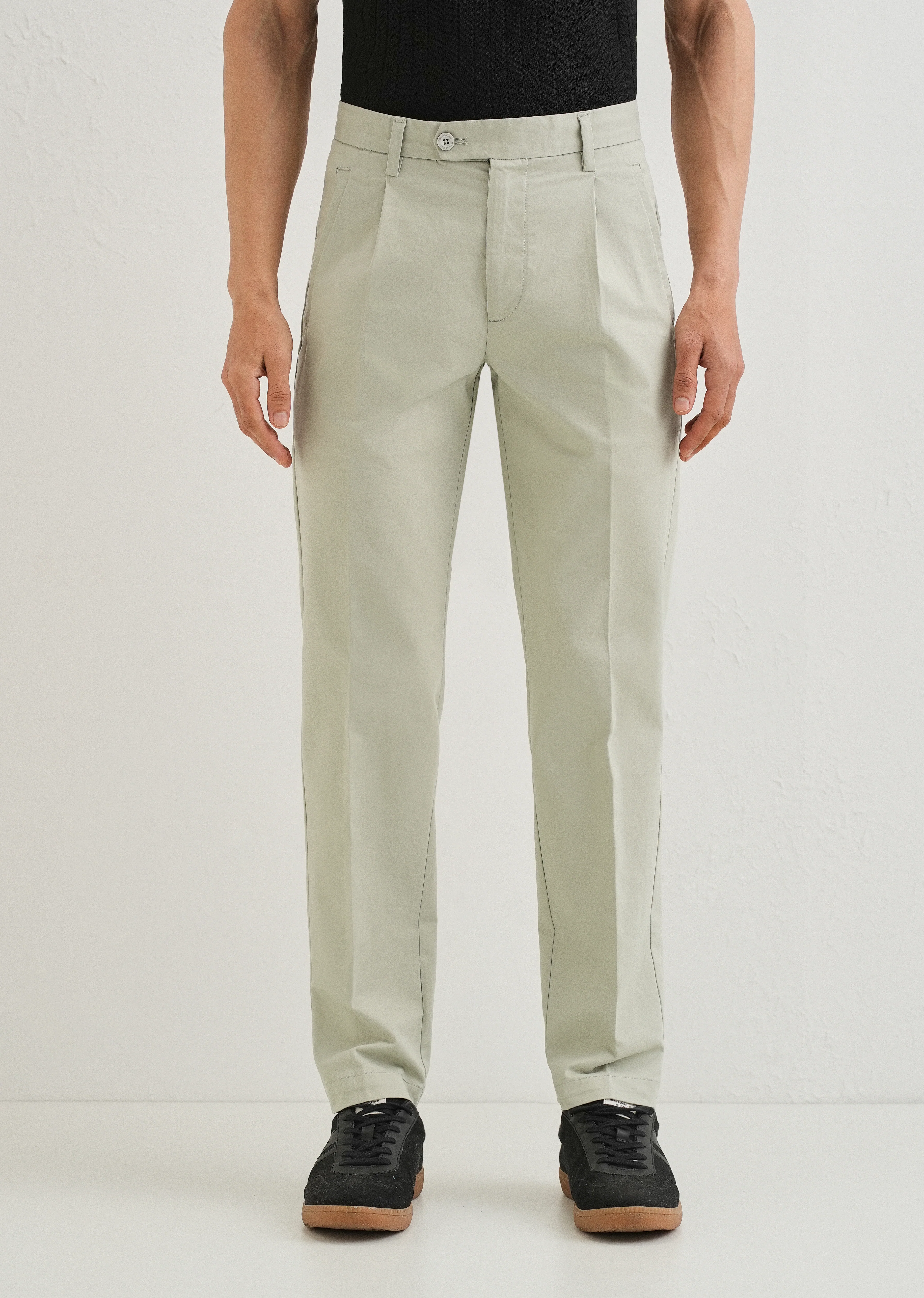 Tea Green Plain Pleated Chinos - Image 3