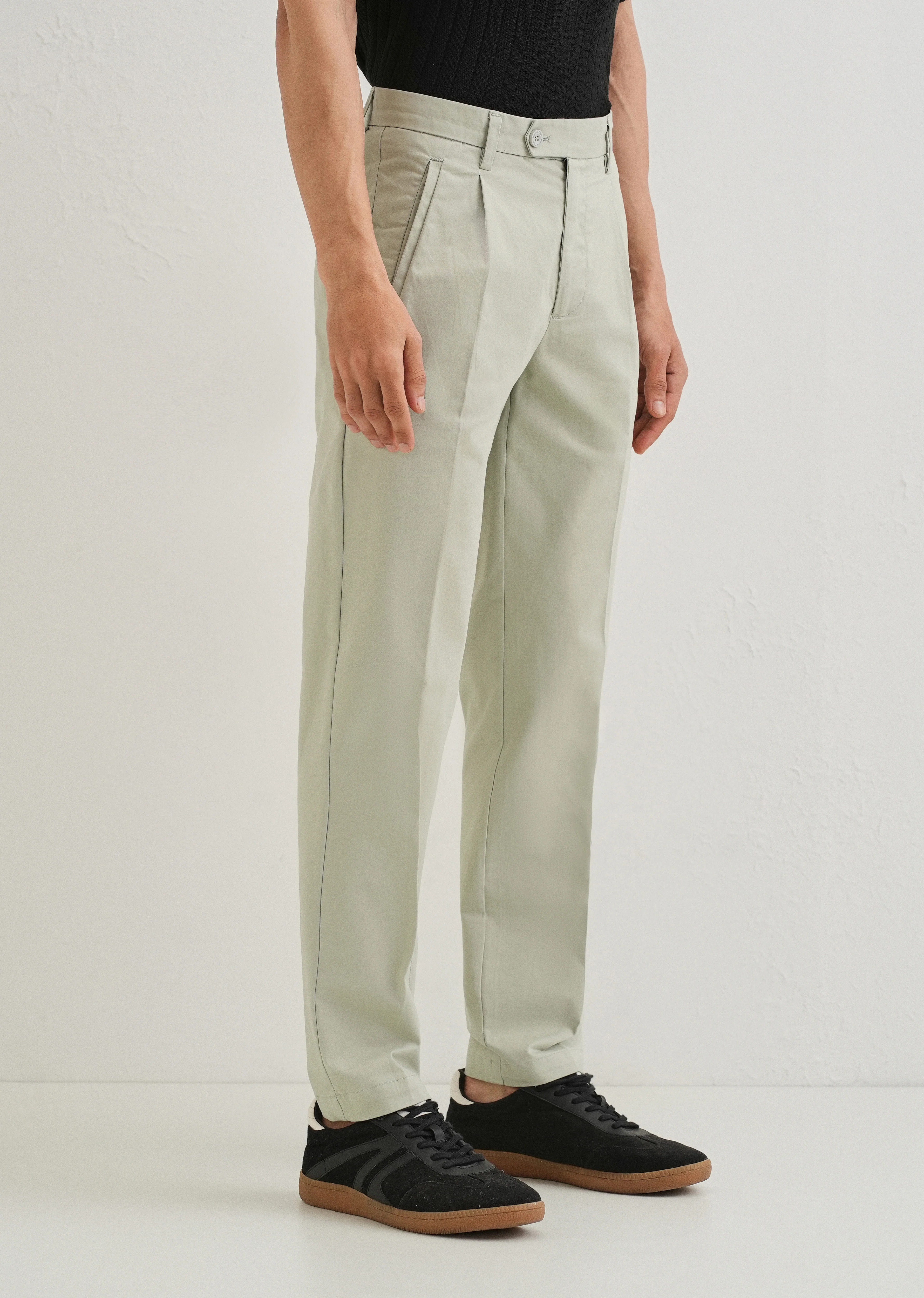 Tea Green Plain Pleated Chinos - Image 4