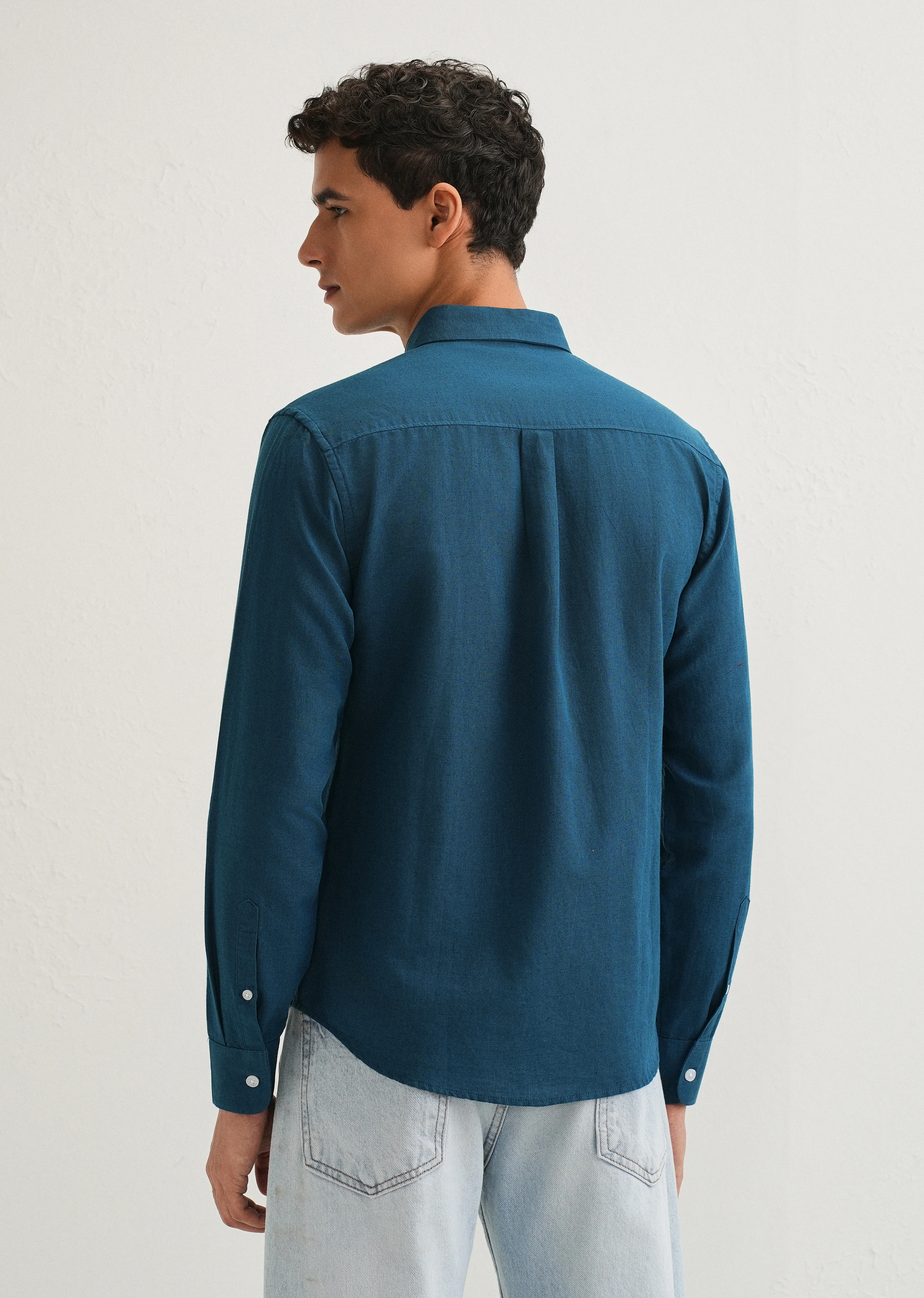 Teal Blue Cotton Linen Shirt - Image 2