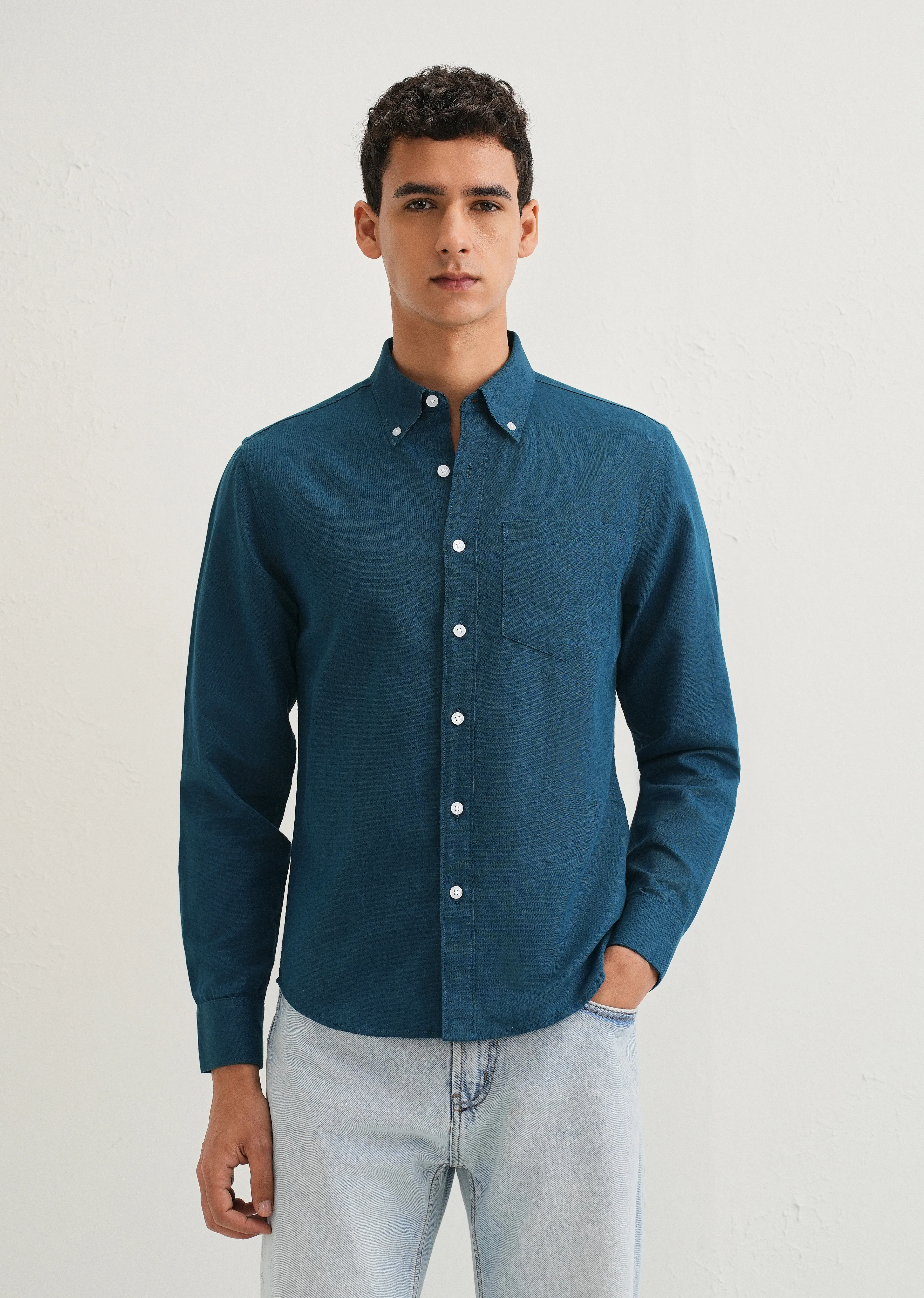 Teal Blue Cotton Linen Shirt - Image 3