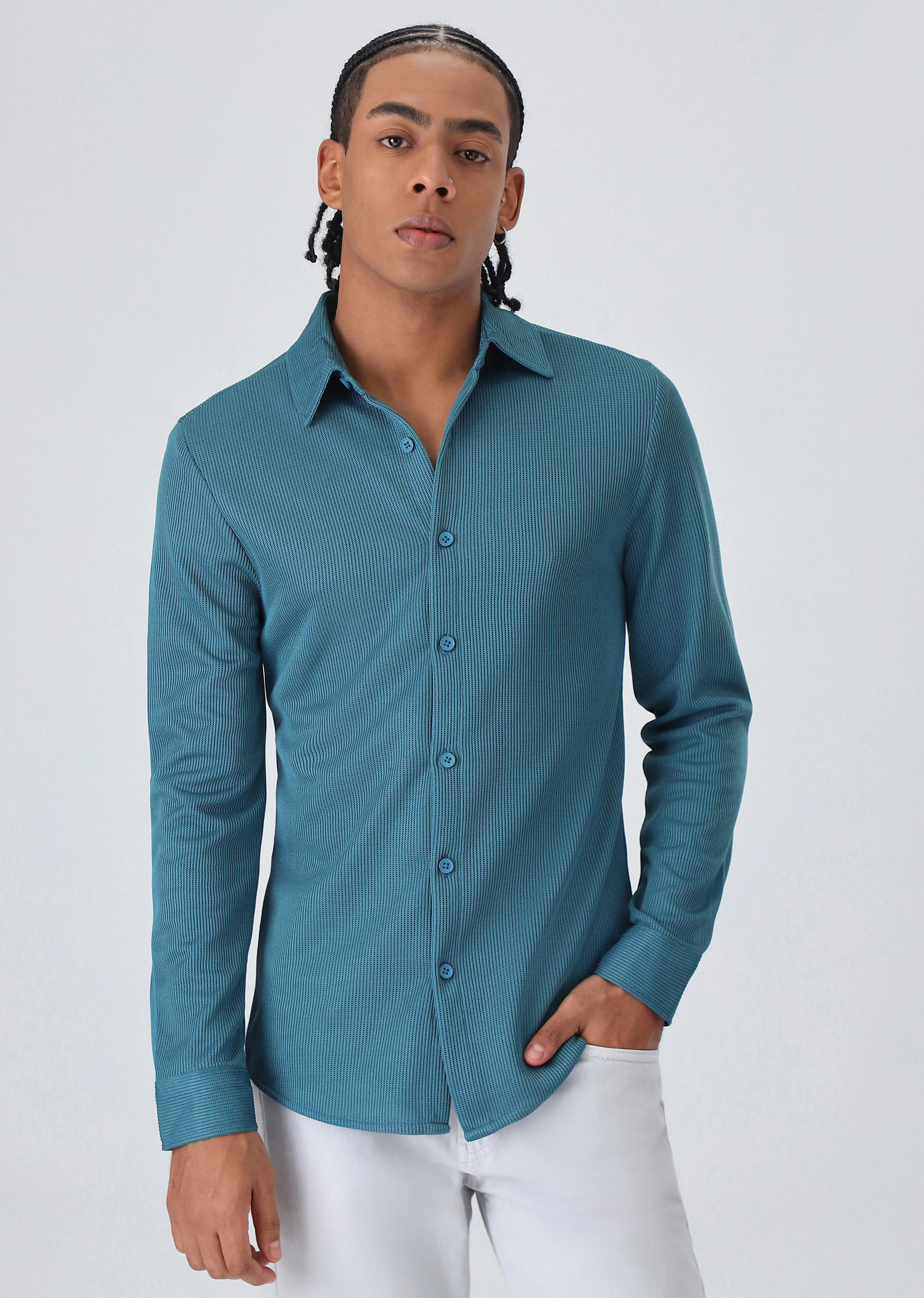Teal Blue Plain Knitted Shirt - Image 3