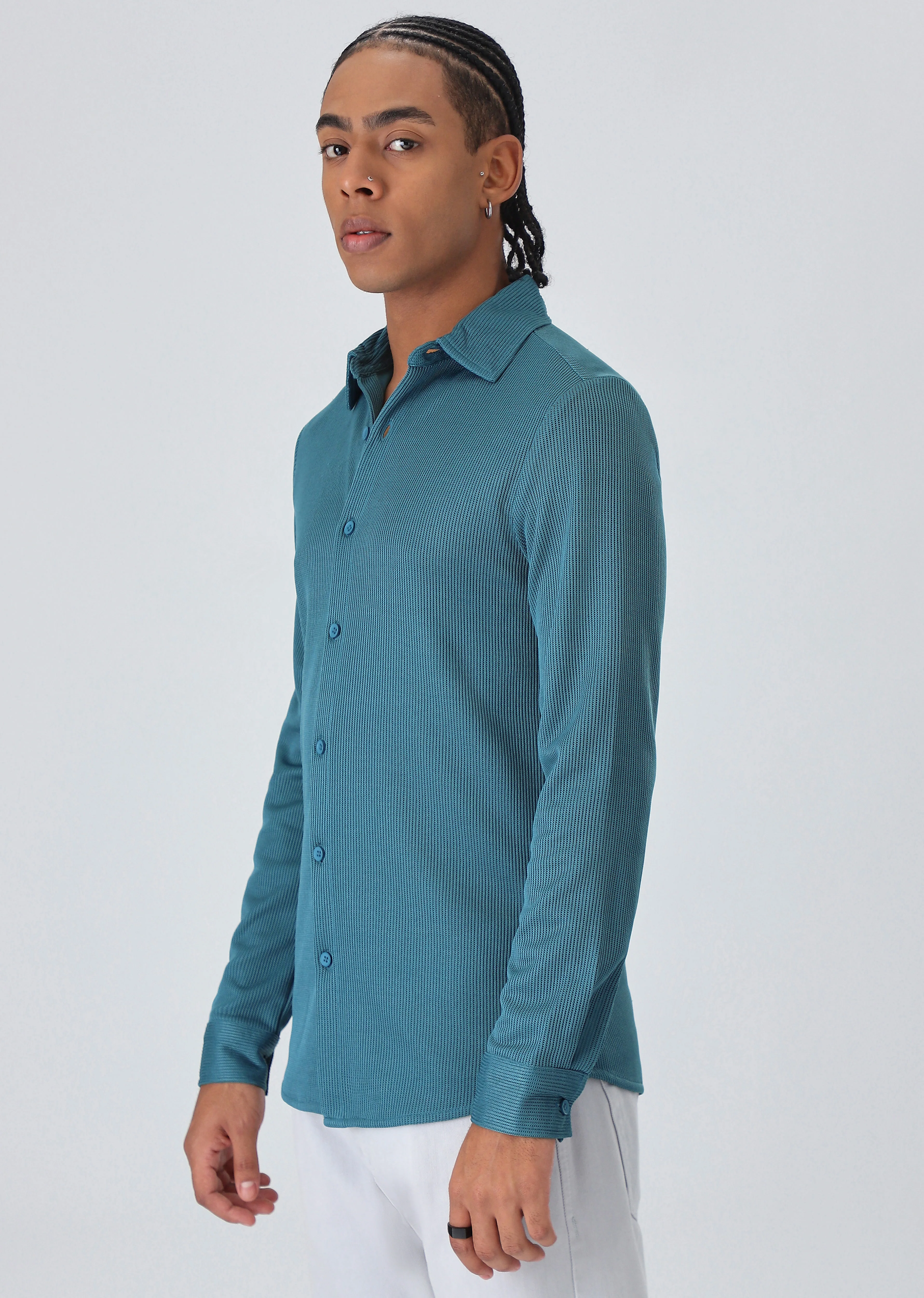 Teal Blue Plain Knitted Shirt - Image 4