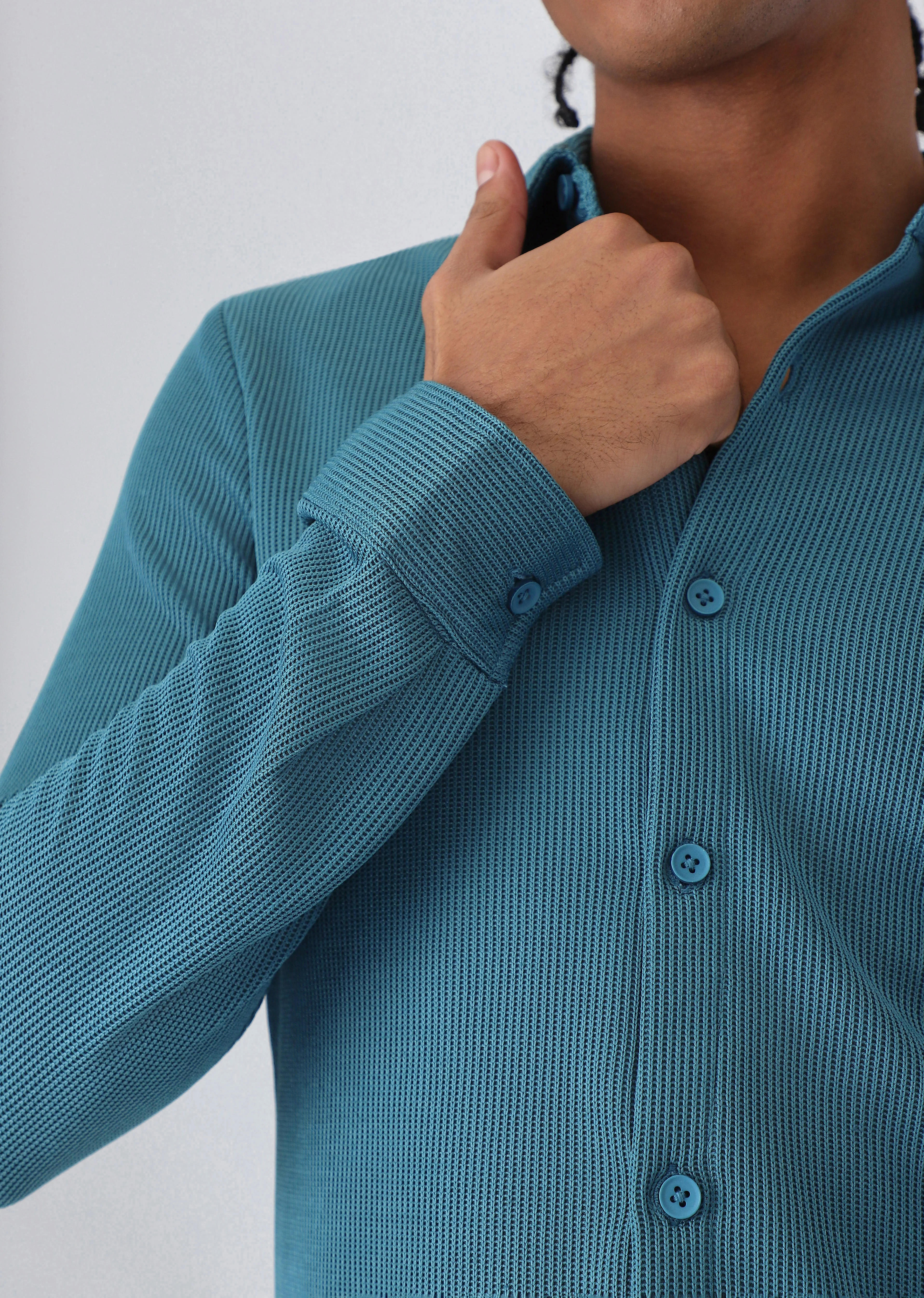 Teal Blue Plain Knitted Shirt - Image 5