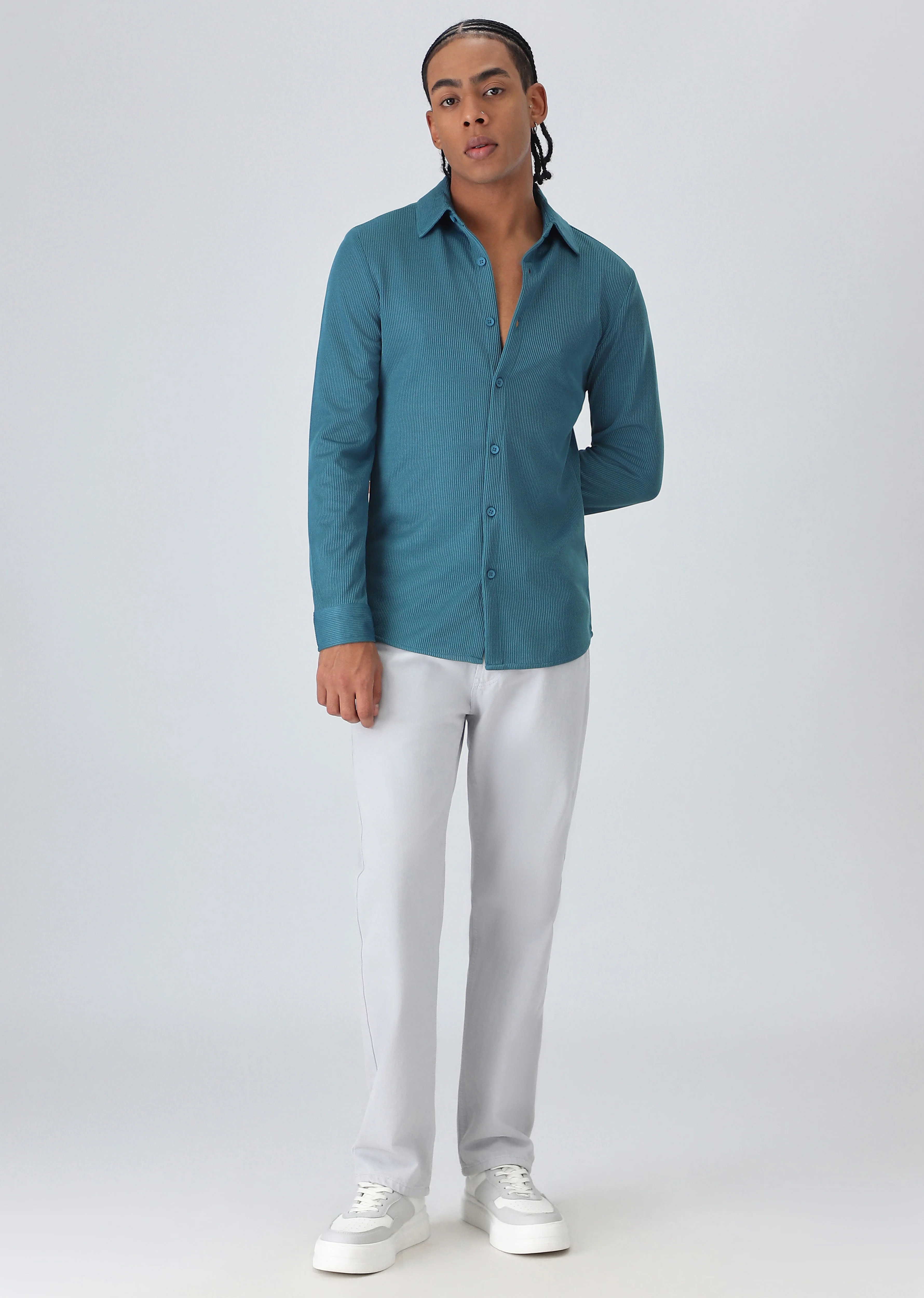 Teal Blue Plain Knitted Shirt - Image 6