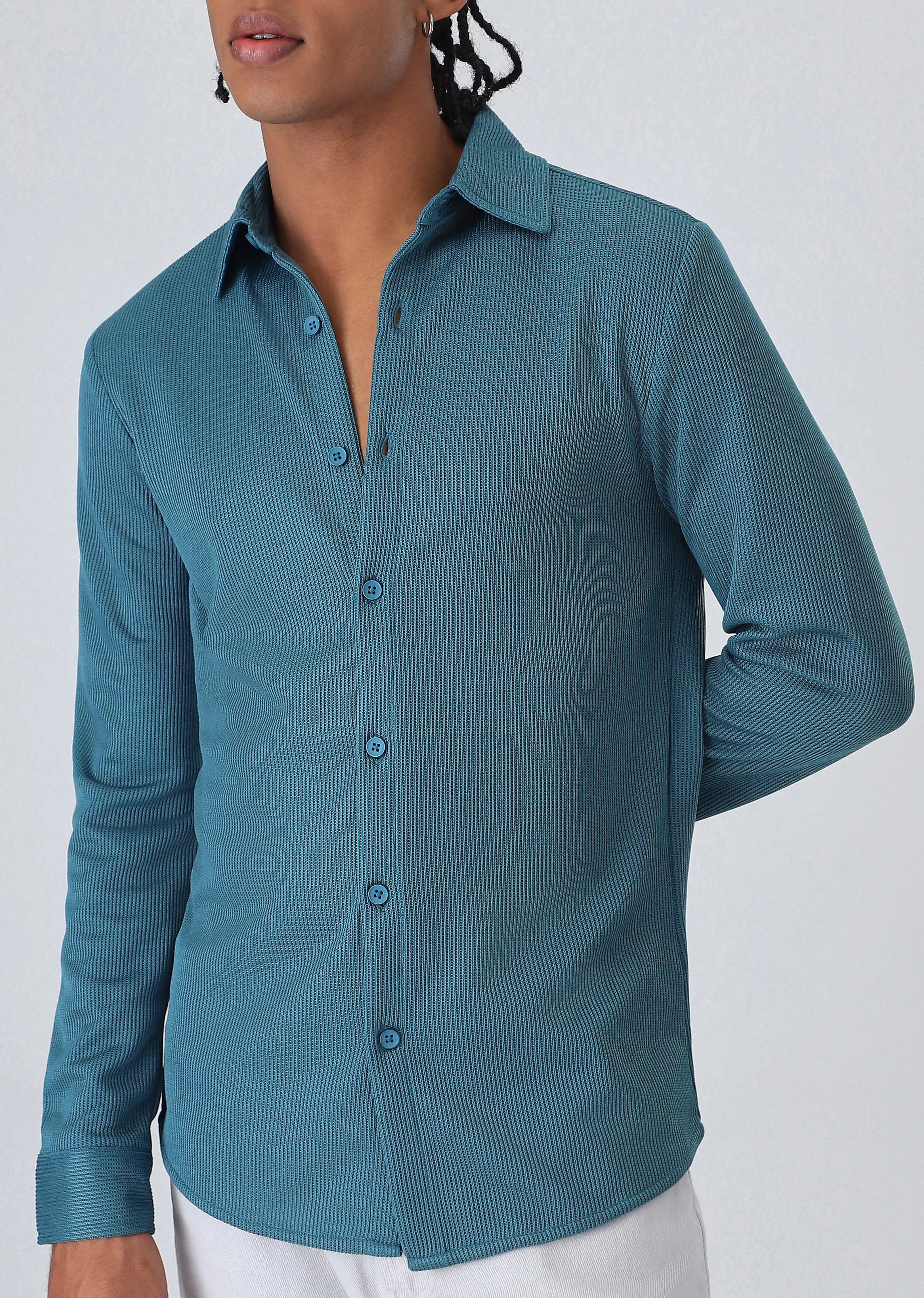 Teal Blue Plain Knitted Shirt - Image 7