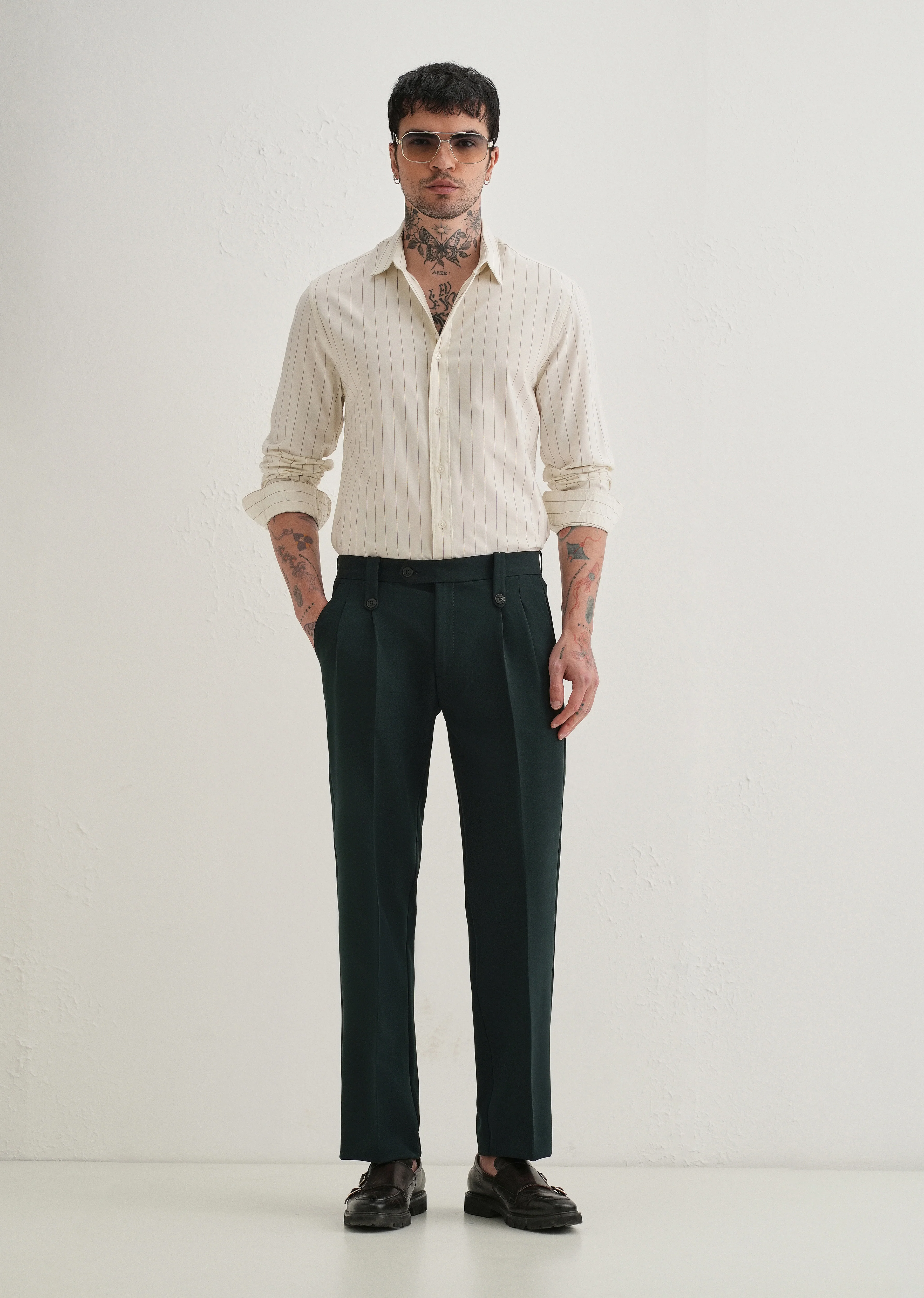Teal Green Button-Tab Pleat Trouser - Image 6