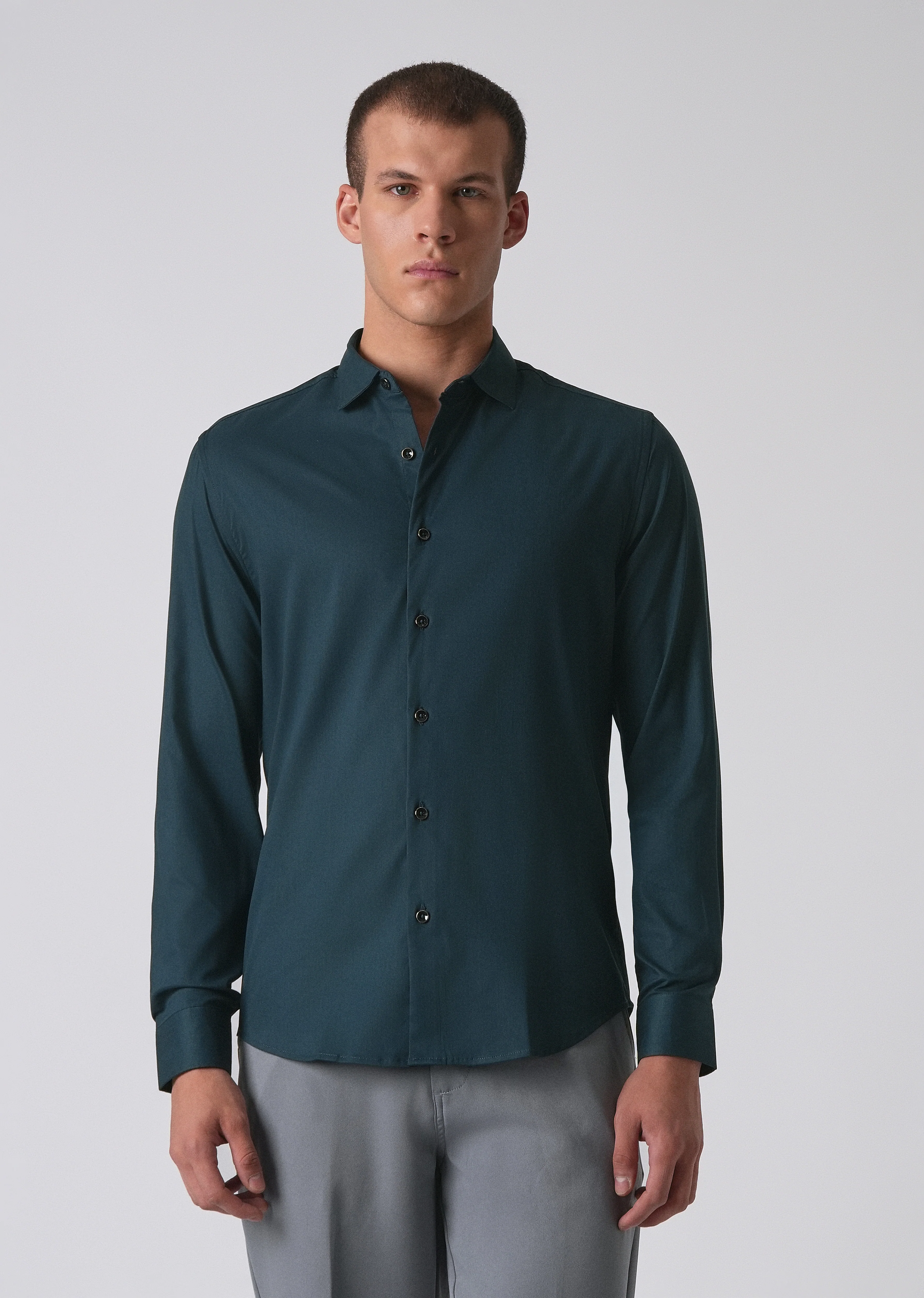 Teal Green Cotton Stretch Plain Shirt - Image 3
